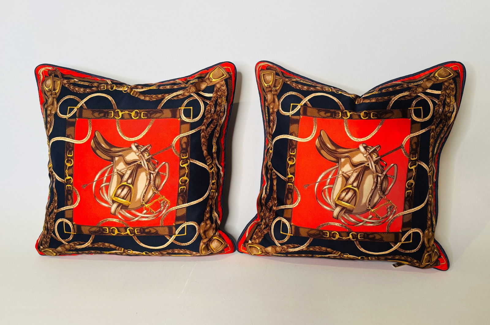 Pair Of Ralph Lauren Equestrian Saddle Silk Scarf Throw Pillows (2): 18 inches squareCONDITION: excellent