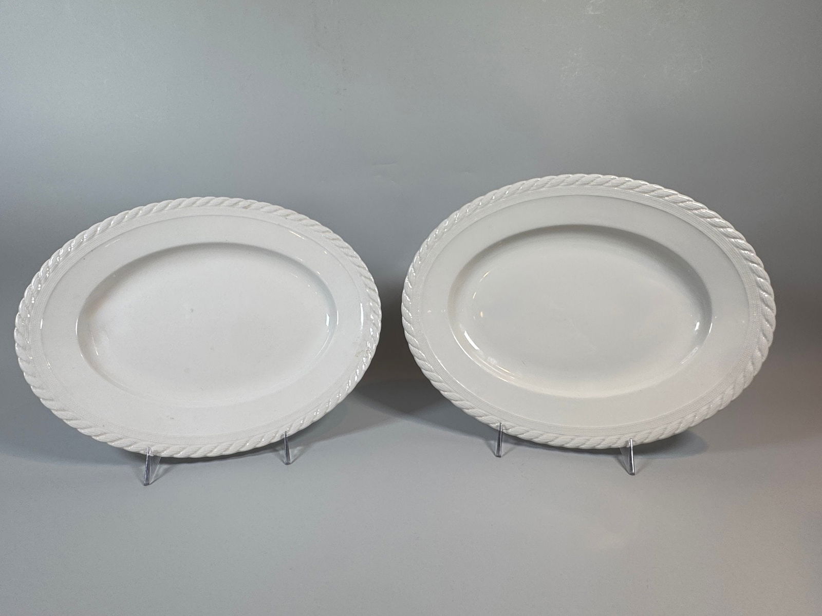 Pair Of Wedgwood For Ralph Lauren Clearwater Serving Platters: H: 1 1/4 x w: 13 3/4 x d: 10 3/4 inchesCONDITION: Both excellent. Needs light cleaning.