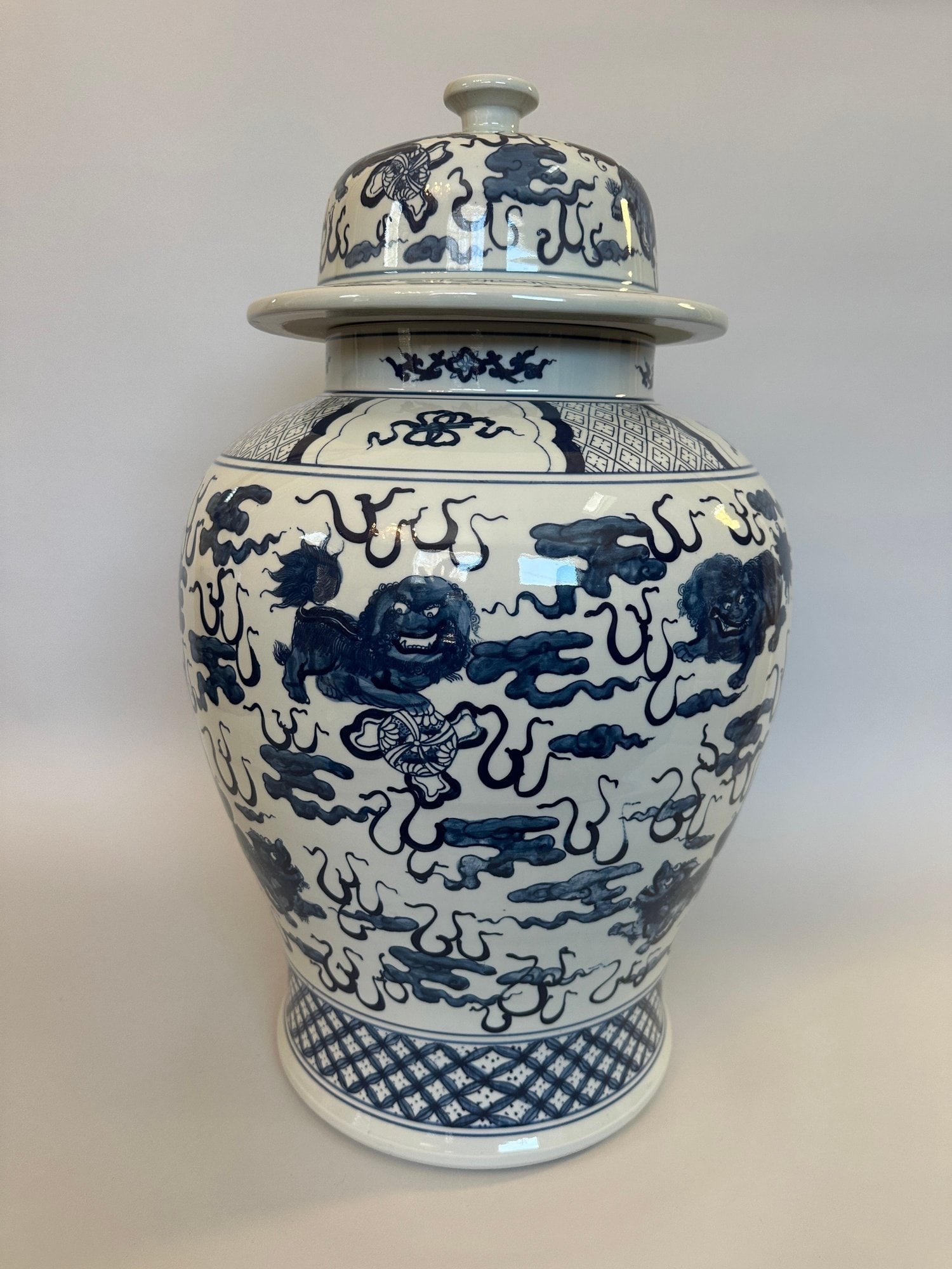 Ralph Lauren Chinese Blue And White Style Yvonne Foo Dog Ginger Jar: Large format with lid stamped Ralph Lauren on underside/made in China H: 25 x w: 18 inches