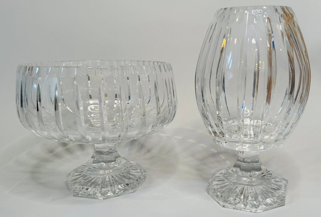 Cut Crystal Footed Centerpiece Bowl And Vase Possibly By Waterford: No visible mark no sticker Bowl h: 8 x dia: 8 1/2 inches; vase h: 10 1/2 inches
