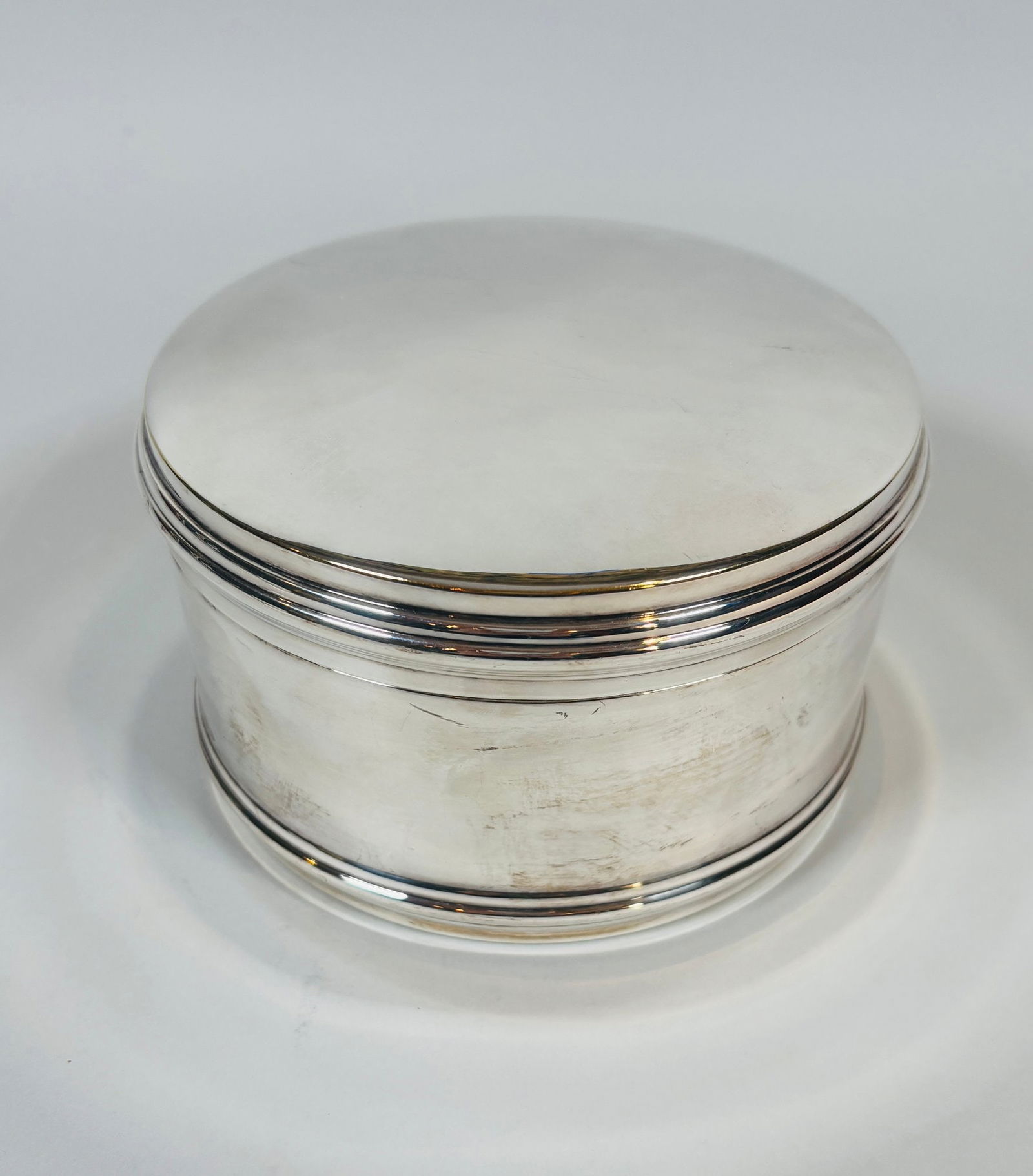 Ralph Lauren Silver Plate Round Box: Stamped Ralph Lauren on underside H: 3 1/2 x dia.: 5 3/4 inchesCONDITION: some tarnishing on surface