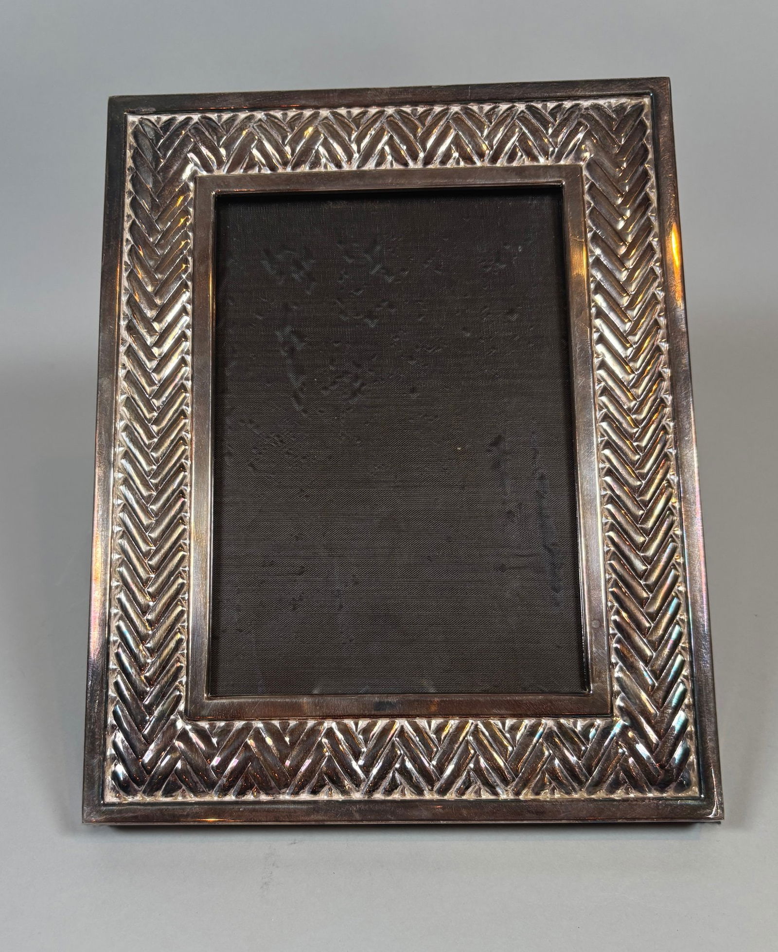 Ralph Lauren Silver Plate Picture Frame With Chevron Design: Marked on back H: 9 1/2 x w: 7 1/2 inches (overall) fits a 5 x 7 photoCONDITION: tarnished