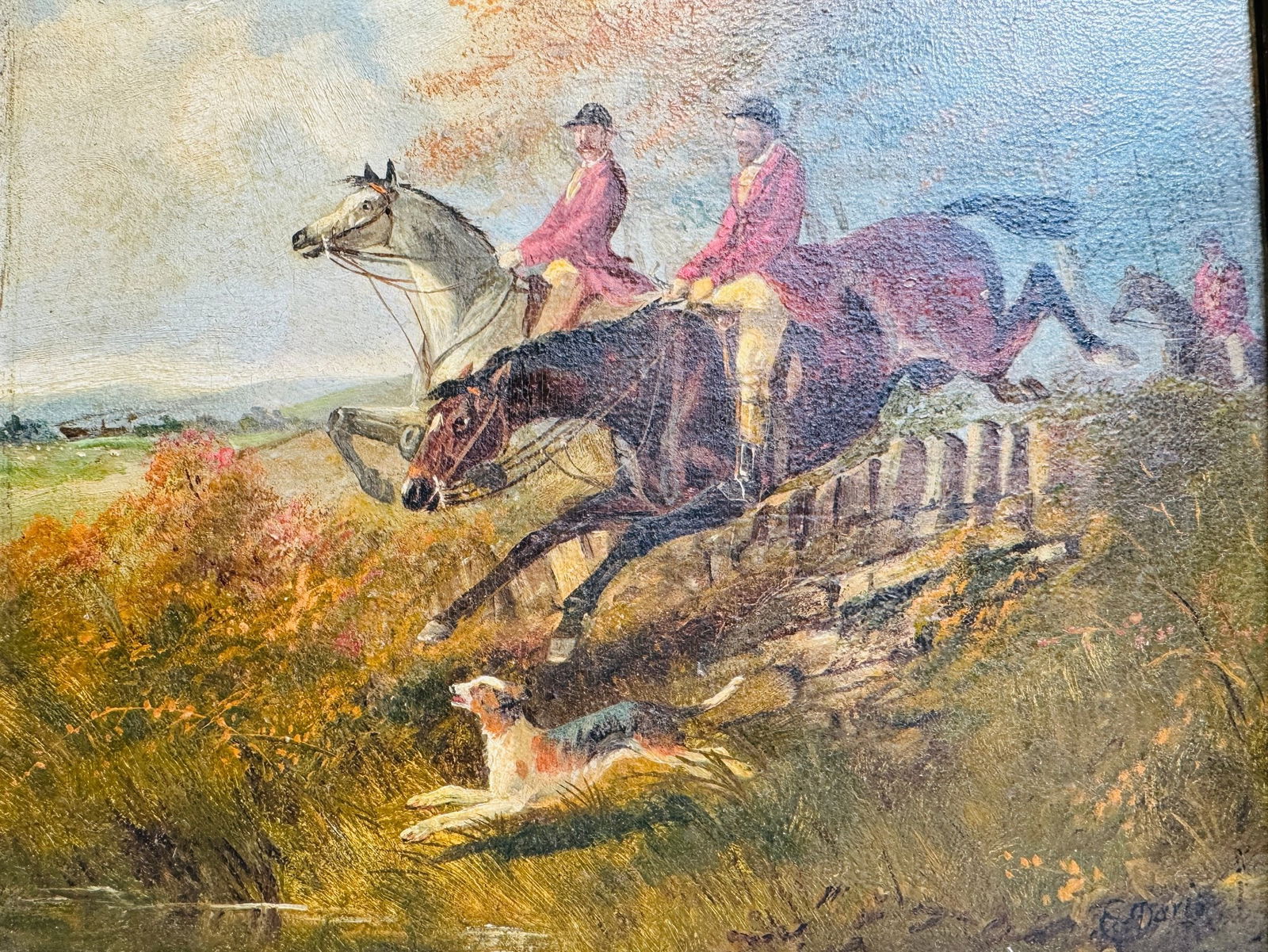 G. Davis, Fox Hunting Scene, 20th Century, Oil On Board: signed at lower right E Davis H: 16 x w: 14 1/2 inches h: 8 3/4 x 11 inches (board)CONDITION: chipped gilt and loose corners on frame