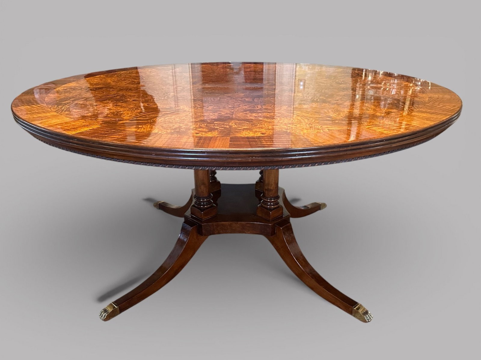 Regency Style Burled Mahogany Center Table Or Dining Table: h: 28 3/4 x dia: 60 inchesCONDITION: excellent