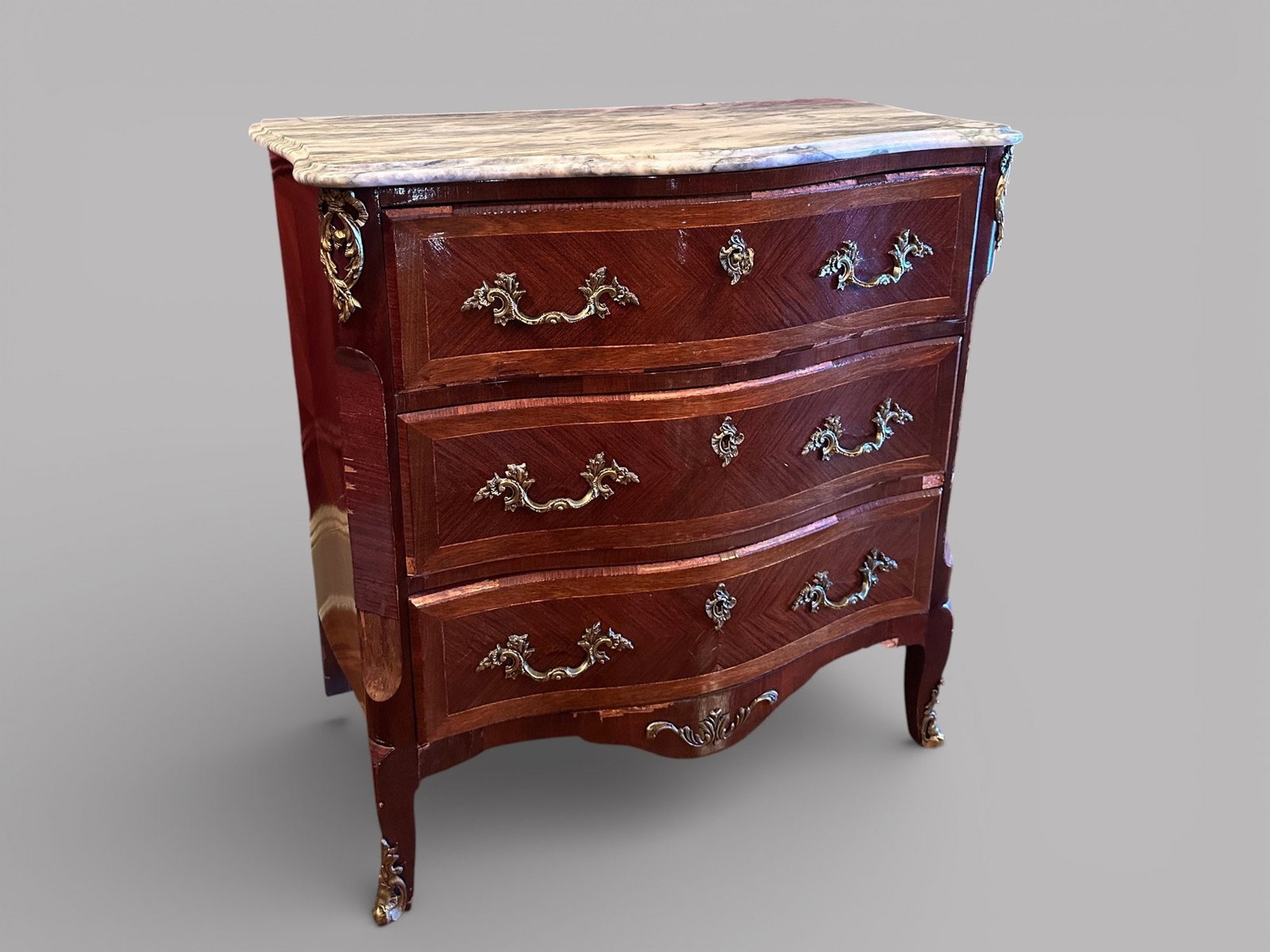 French Louis XV Style Mahogany, Brass Mounted, Marble Top Commode, 20th Century: imported from Spain H: 34 x w: 34 1/4 x d: 19 1/4 inches CONDITION: many areas of missing veneer