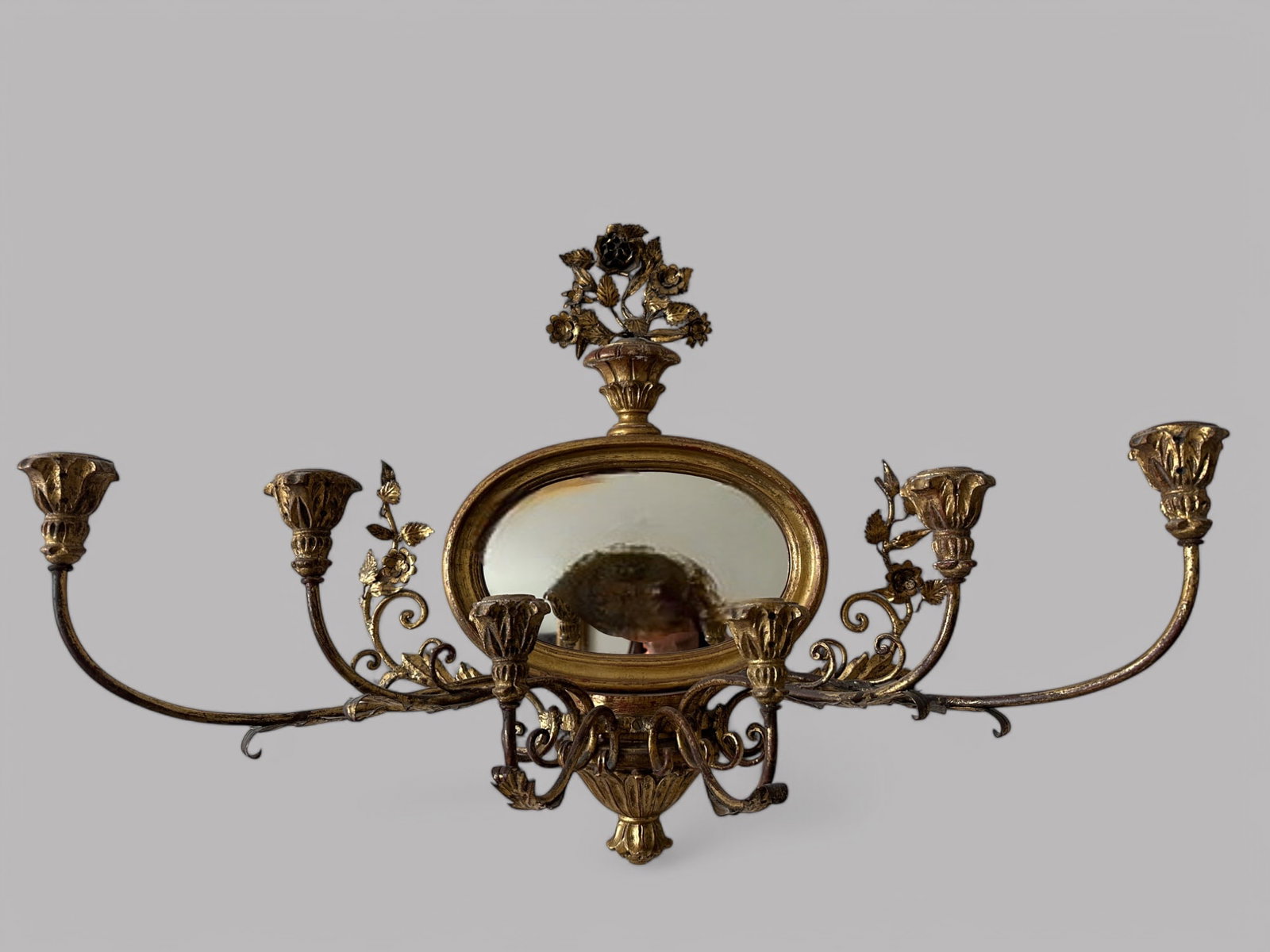 Neoclassical Style Gilt Metal And Mirror Wall Sconce: with six arm candelabra not electrified H: 23 1/2 x w: 29 x d: 13 inches
