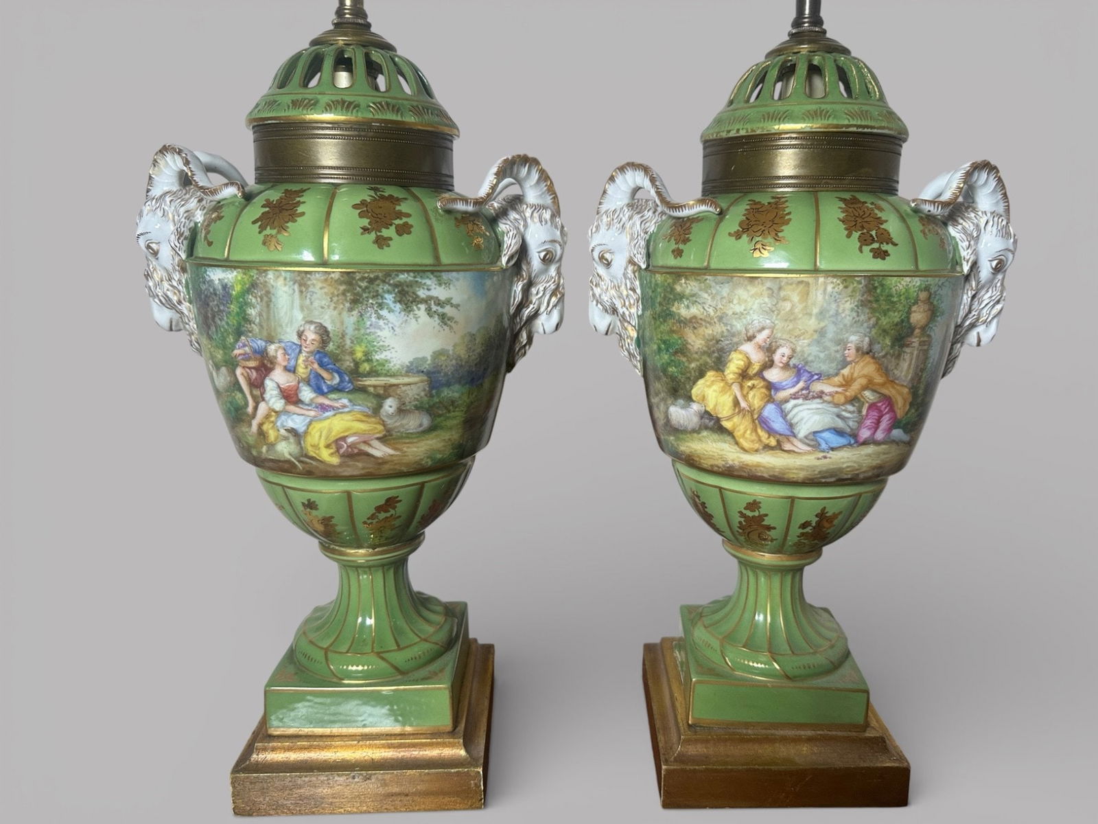 Pair Of French Cassoulet Porcelain Urns Mounted As Table Lamps: H: 29 (to finial) x w: 8 x d: 6 inches
