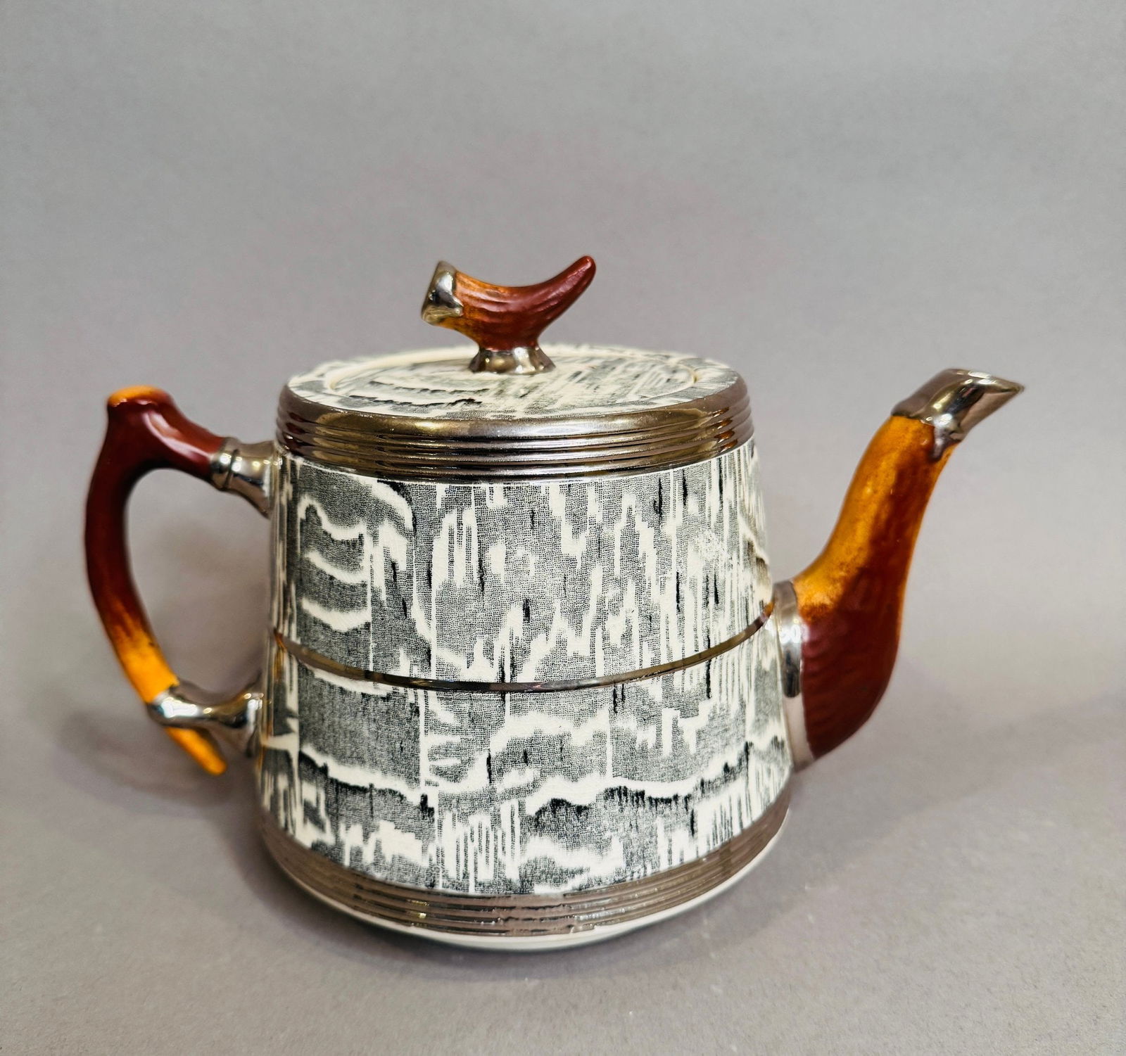 Arthur Wood Faux Bois Porcelain Teapot: H: 7 inches x w: 9 inchesPrinted black markDecorated with simulated elk hornCondition: No chips or cracks excellent condition