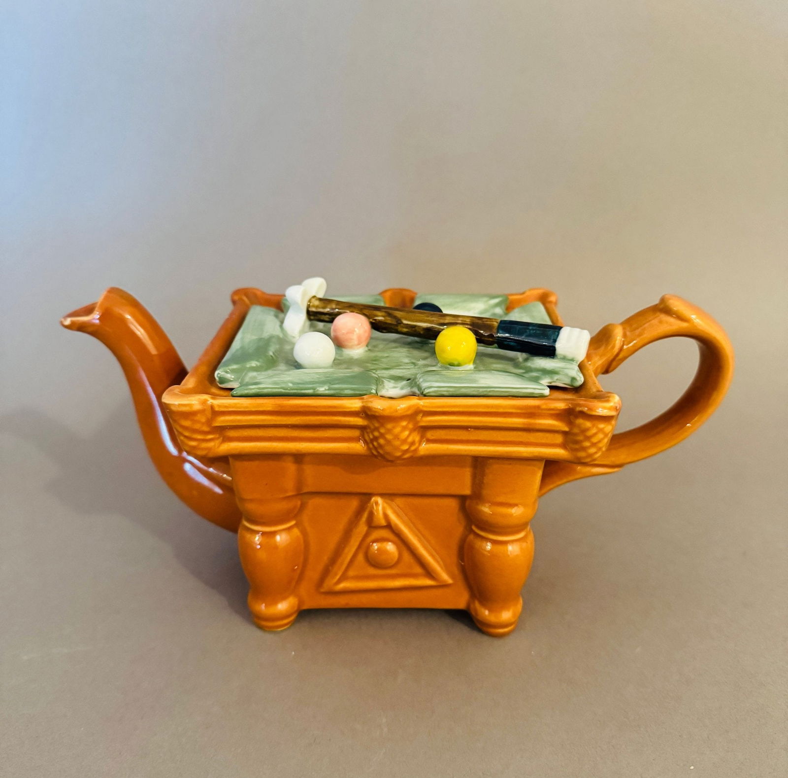 Andrea By Sadek Pool Table Collectable Tea Pot: H: 4 inches x w: 10 inches x d: 4 1/2 inches
