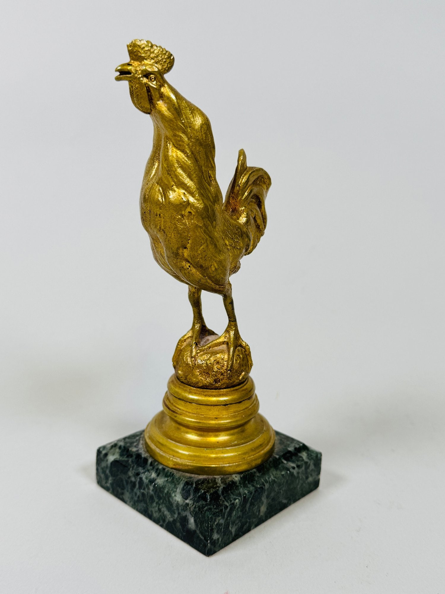 French Gilt Bronze Rooster Sculpture, Likely 19th Century: H: 6 1/2 inches x w: 2 1/2 inches x d: 2 1/2 inches