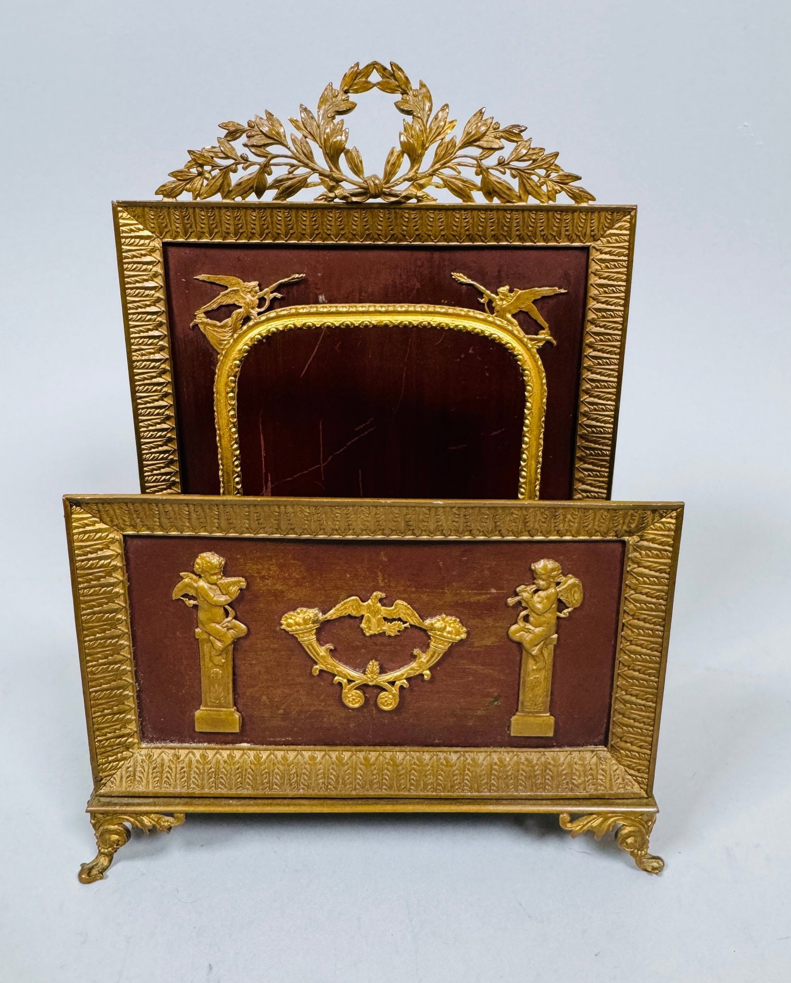 French Empire Style Patinated Brass Stationary And Letter Organizer, C Late 19th/early 20th Century: h: 7 x w: 5 x d: 3 inches CONDITION: front panel is very slightly bent back; base is missing one screw otherwise in good functional condition