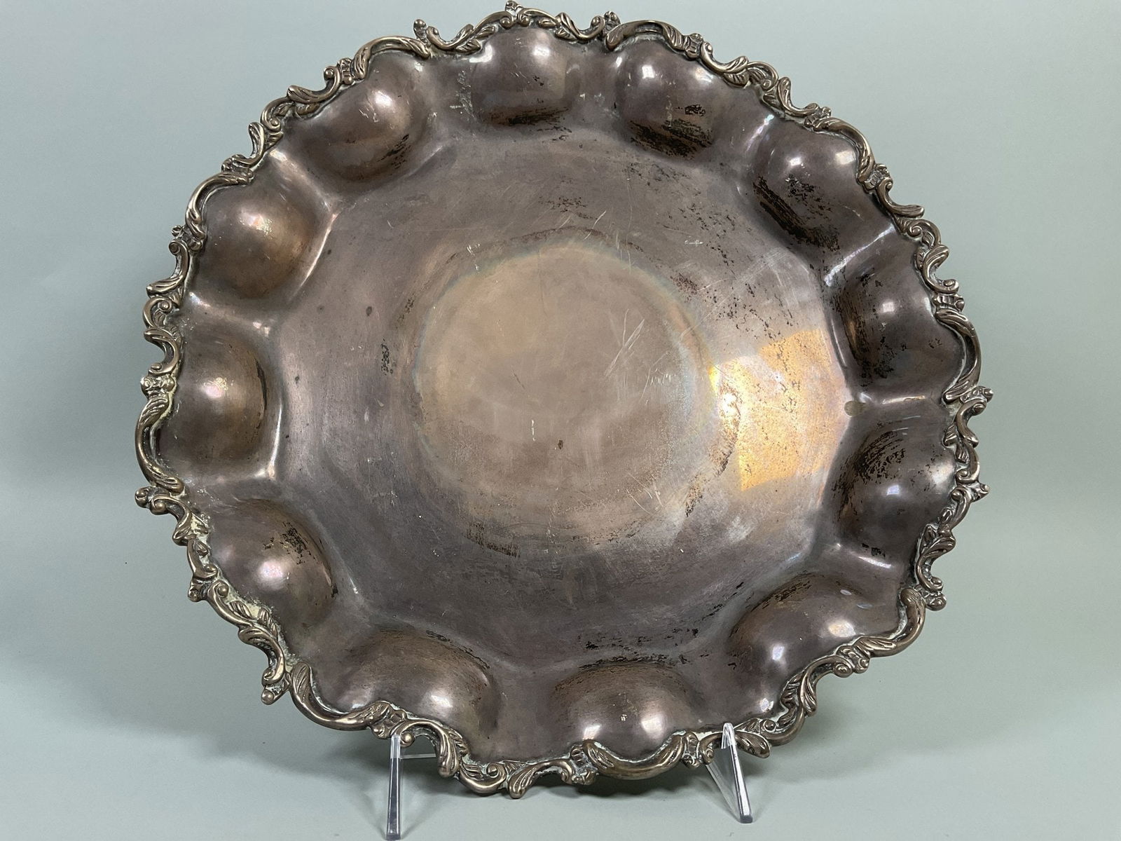 Sanborns (Mexico) Sterling Silver Circular Tray With Fluted Border, C. Mid-20th Century: Stamped underneath 925/hecho en Mexico/DF; Sanborns/Mexico/Sterling and with a stylized pie crust rim dia: 14 inches OZT: 38.61