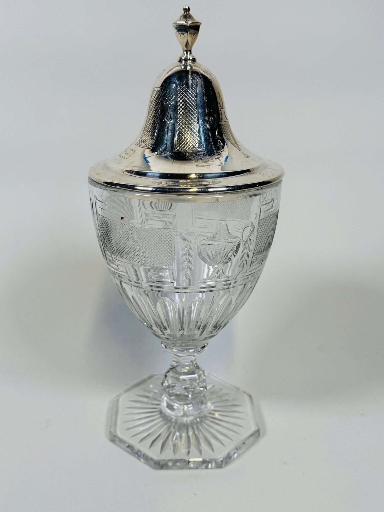 Whiting Silver Mounted Cut Glass Pedestal Jar: Stamped sterling under rim engraved JAS h: 10 x dia: 4 1/8 inches OZT: 2.44CONDITION: one small chip to crystal at foot