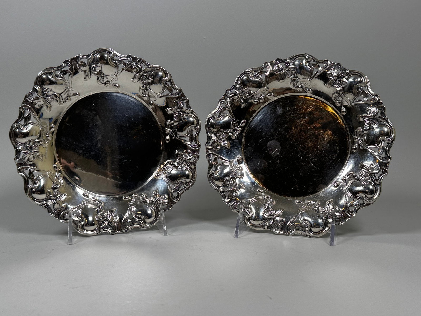 Pair Of Continental Art Nouveau .800 Silver Card Trays With Repousse Iris And Scrolls: Continental marks underneath dia: 7 1/2 inches OZT: 10.87
