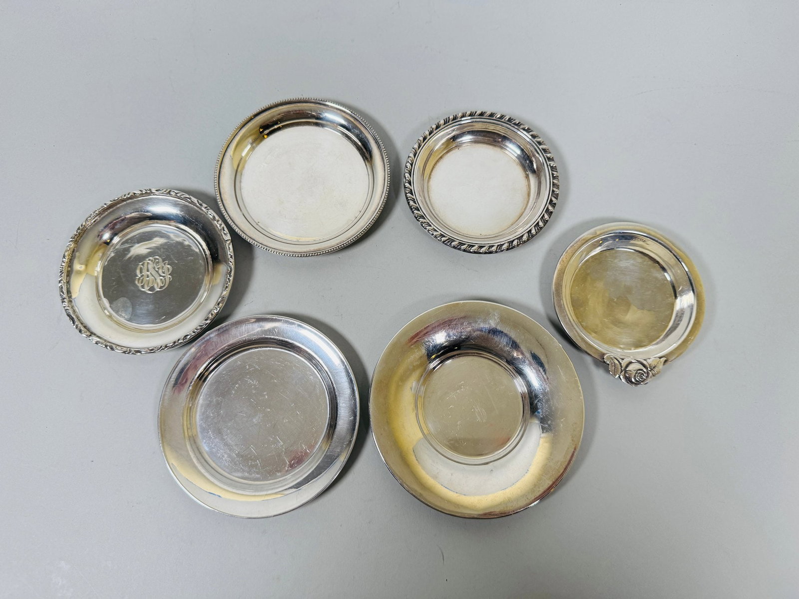 Small Sterling Silver Trinket Dishes By Various Markers (6): All stamped with maker’s marks/925 or Sterling; the smallest dia: the largest 4 inches OZT: 6.52