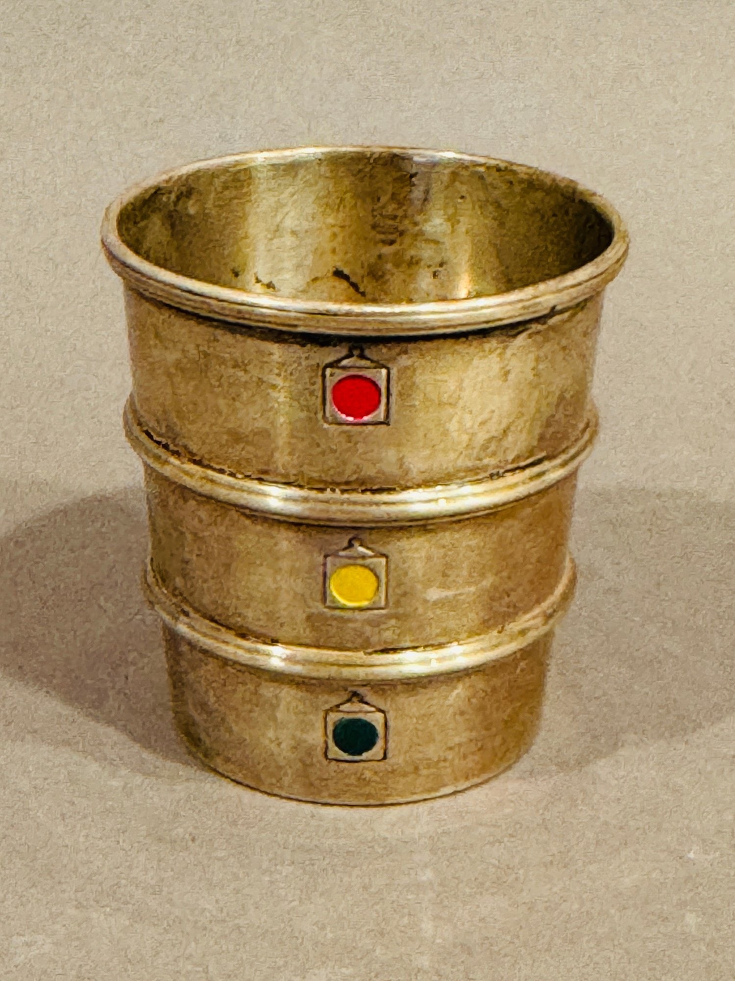 Gorham Art Deco Gilt- Silver And Enamel 'Stoplight' Bar Jigger, C. 1930s: stamped underneath h: 2 1/2 x dia: 2 1/4 inches OZT: 1.76
