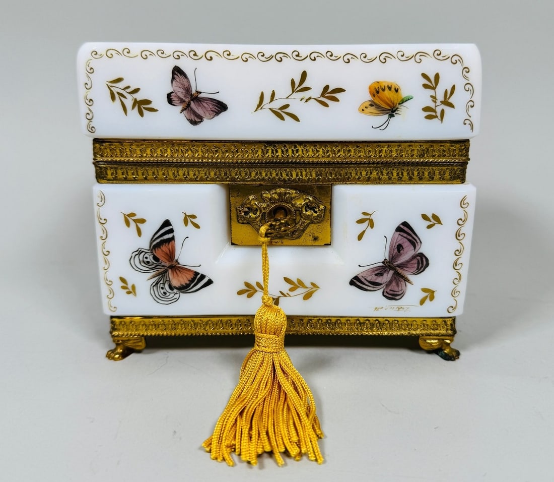 R. Noirot (French) Opaline Casket, Hand Painted And Ormolu Mounted, Early-mid 20th Century: Signed at lower right front original key and working lock h: 4 1/2 x w: 5 1/4 x d: 3 1/2 inches CONDITION: excellent