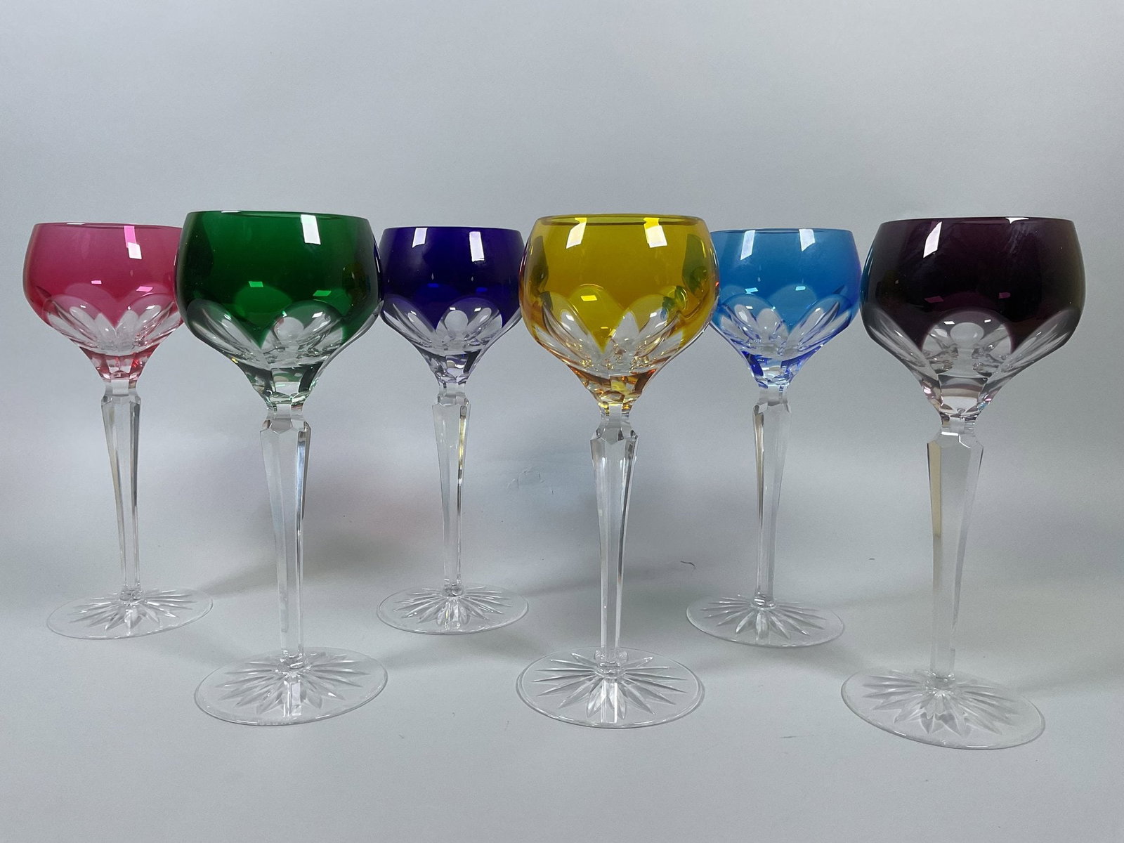 Faberge 'Lausanne' Multi-Colored Cased Hock Wine Glasses (6): Marked In original box and with certificate of authenticity h: 8 1/4 inches