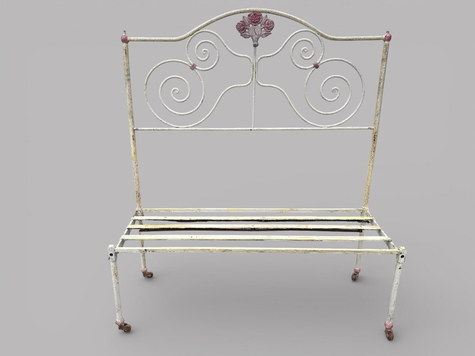 Vintage French Wrought Iron Garden Settee, C 20th Century: H: 54 x w: 48 x d: 17 1/2 inches