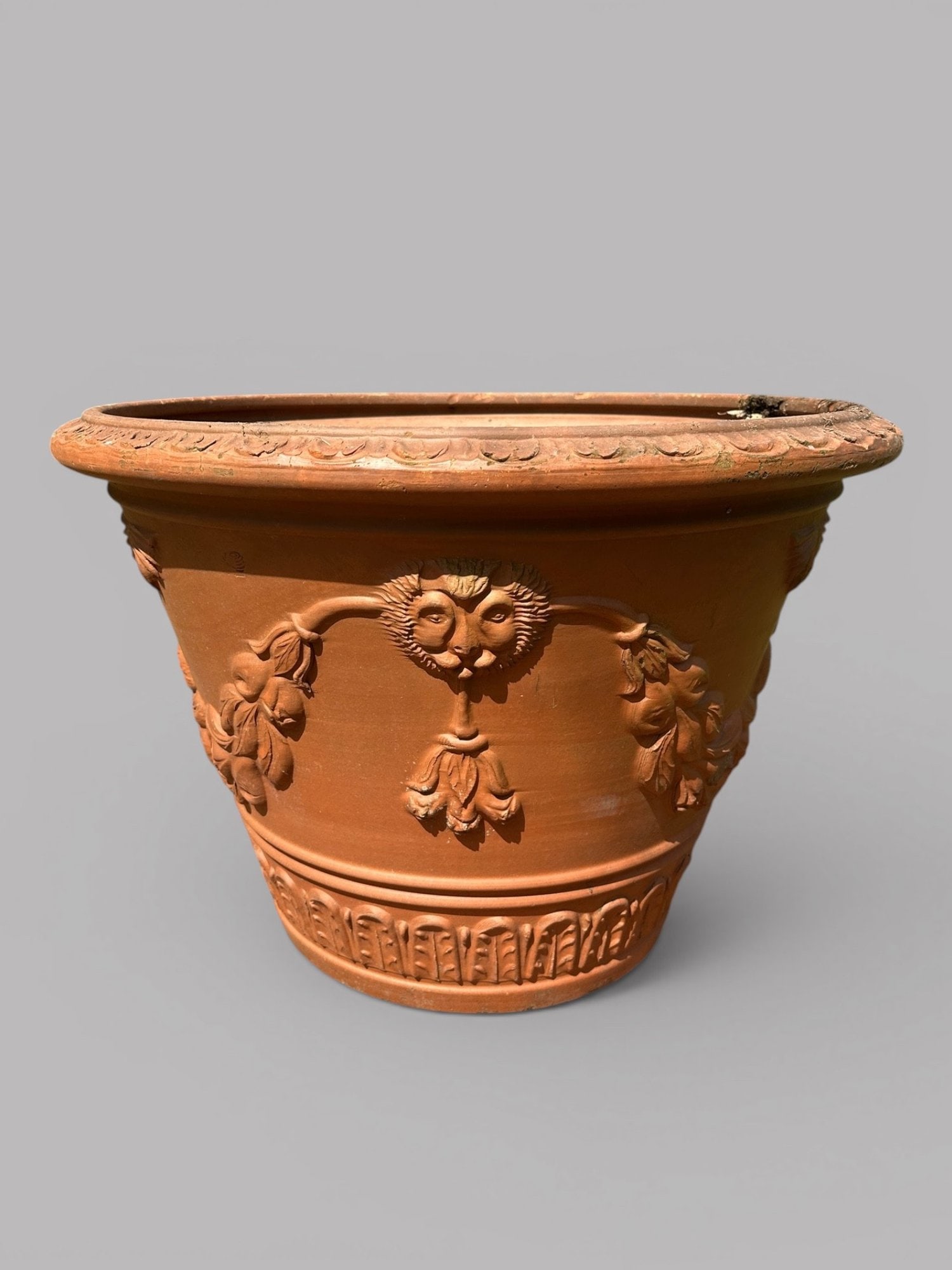 Large Scale Terracotta Planter With Lion Mask Motifs, Modern: H: 19 x dia: 28 inches