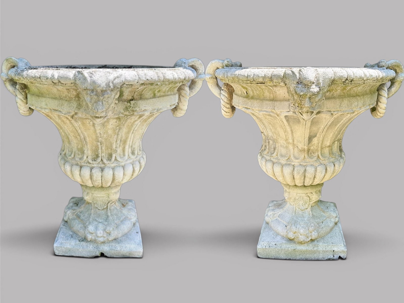 Pair Of Neoclassical Style White Painted Cast Stone Garden Urn: H: 27 1/2 x Diam: 28 inches