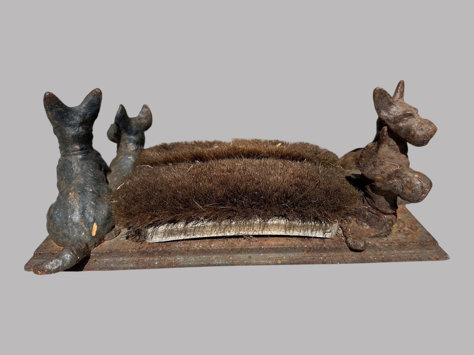Vintage Cast Iron Figural Terrier Dogs Boot Scraper And Bristle Brush: H: 6 x w: 15 x d: 8 inchesCONDITION: rusted bristle worn