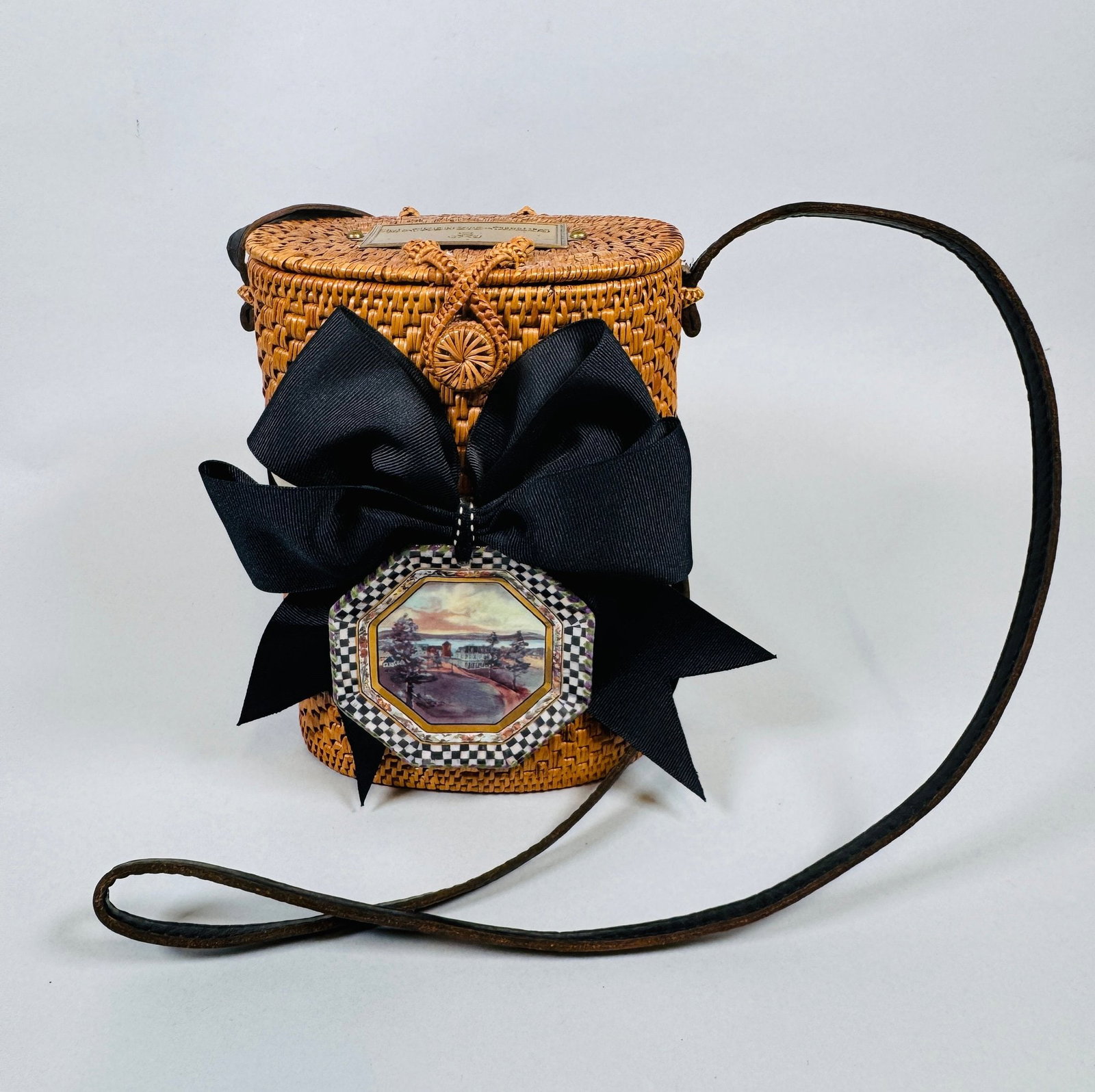 Mackenzie Childs The Bow Rattan Handbag: H: 8 x w: 6 x d: 4 inches