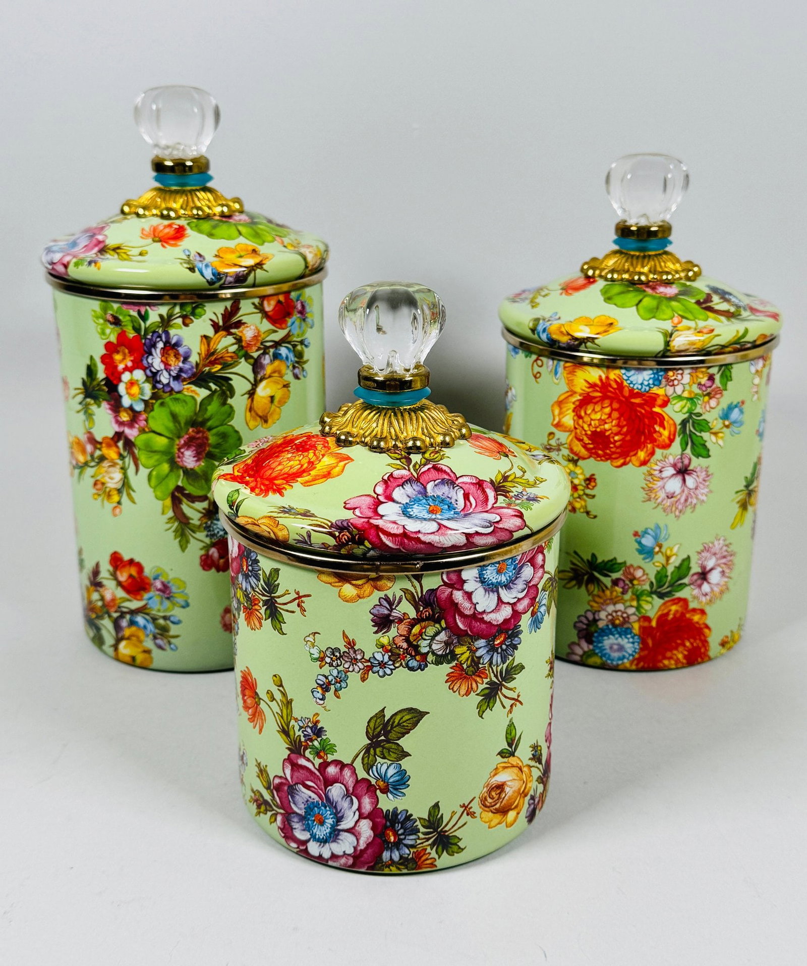 Set Of MacKenzie-Childs Enamelware Flower Market Canisters In Green (3): H: 8 9 10 inches all in excellent condition