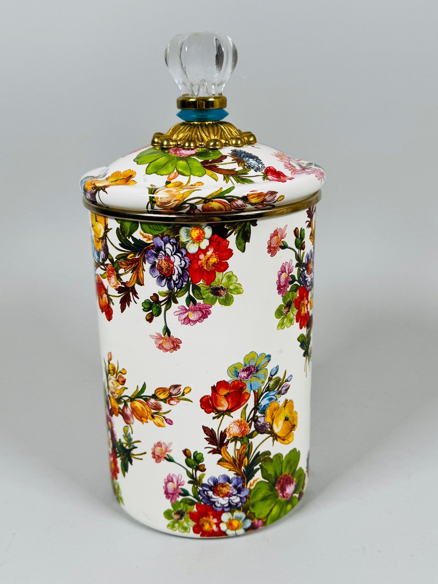 MacKenzie-Childs Enamelware Flower Market White Canister: Marked underneath h: 10 inches in excellent condition