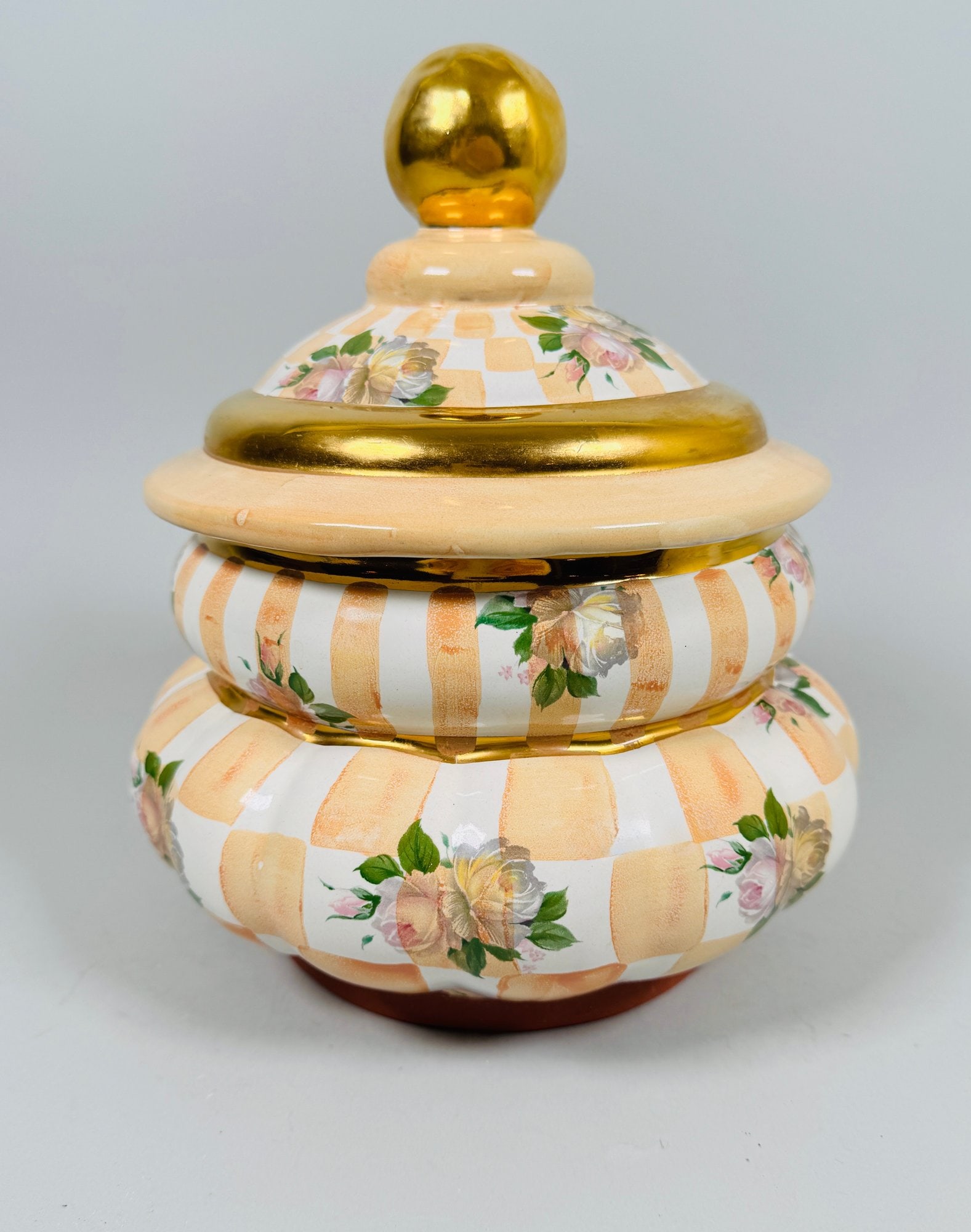 MacKenzie-Childs Stoneware Honeymoon Orange Marmalade Canister, 1995: Marked and dated underneath h: 9 x dia: 10 inches in excellent condition