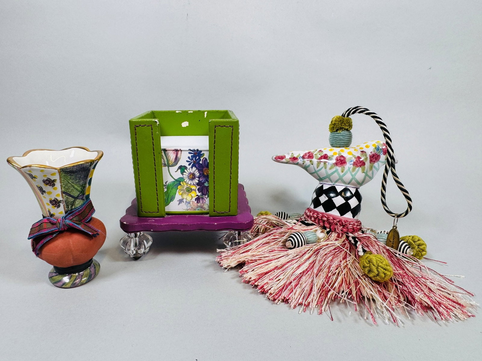 Mackenzie Childs StonewareHeirloom Pattern Hurricane Lamp, Miniature Torquay Ruffle Vase And A Bird (1 of 8)