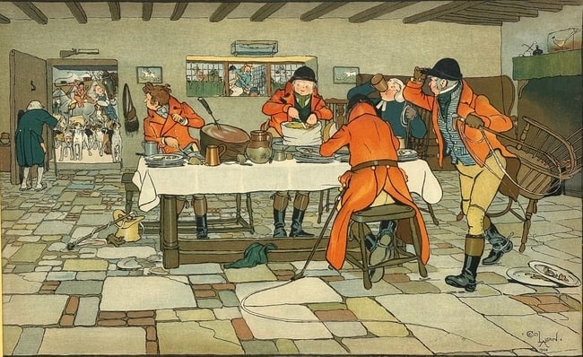 Cecil Aldin (British 1870 - 1935) The Fallowfield Hunt Series: Hunt Breakfast At The Three Pigeons,: chromolithograph published by Lawrence and Bullen Ltd. London circa 1900 H: 19 1/4 x w: 22 1/2 inches (framed) H: 11 5/8 x w: 18 7/8 inches (sheet)