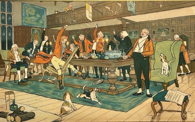Cecil Aldin (British 1870 - 1935) The Fallowfield Hunt Series: The Hunt Supper, C. 1900: chromolithograph published by Lawrence and Bullen Ltd. London circa 1900 H: 19 1/4 x w: 22 1/2 inches (framed) H: 11 5/8 x w: 18 7/8 inches (sheet)