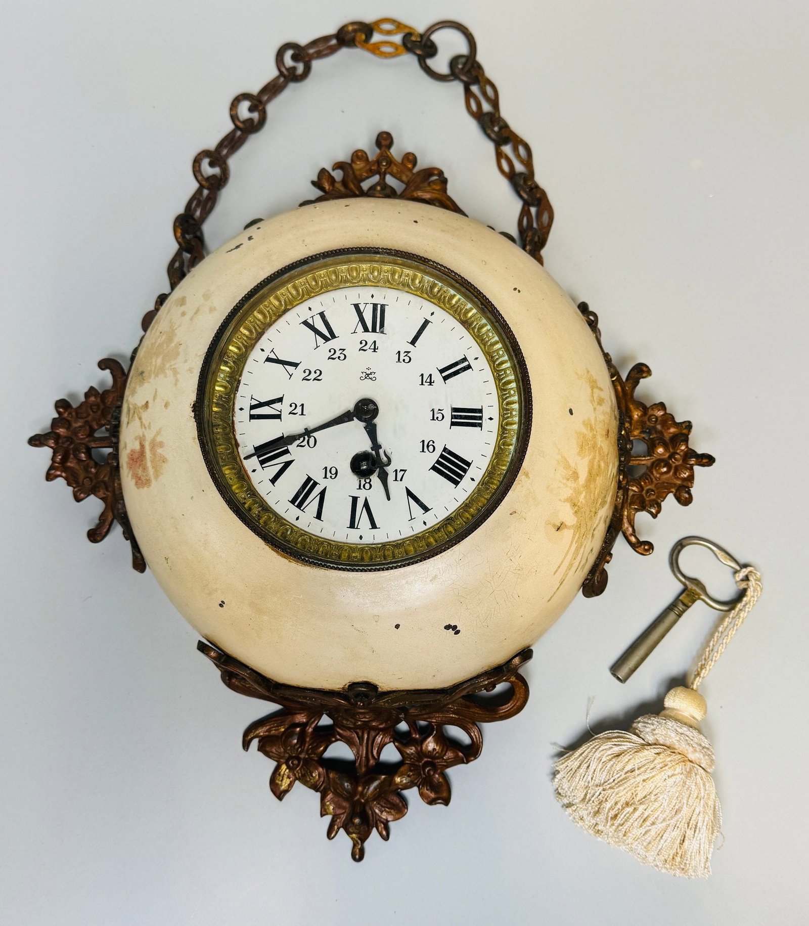 French Hand Painted Drum Case Wall Clock With Brass Mounts, C. 1890 (1 of 6)