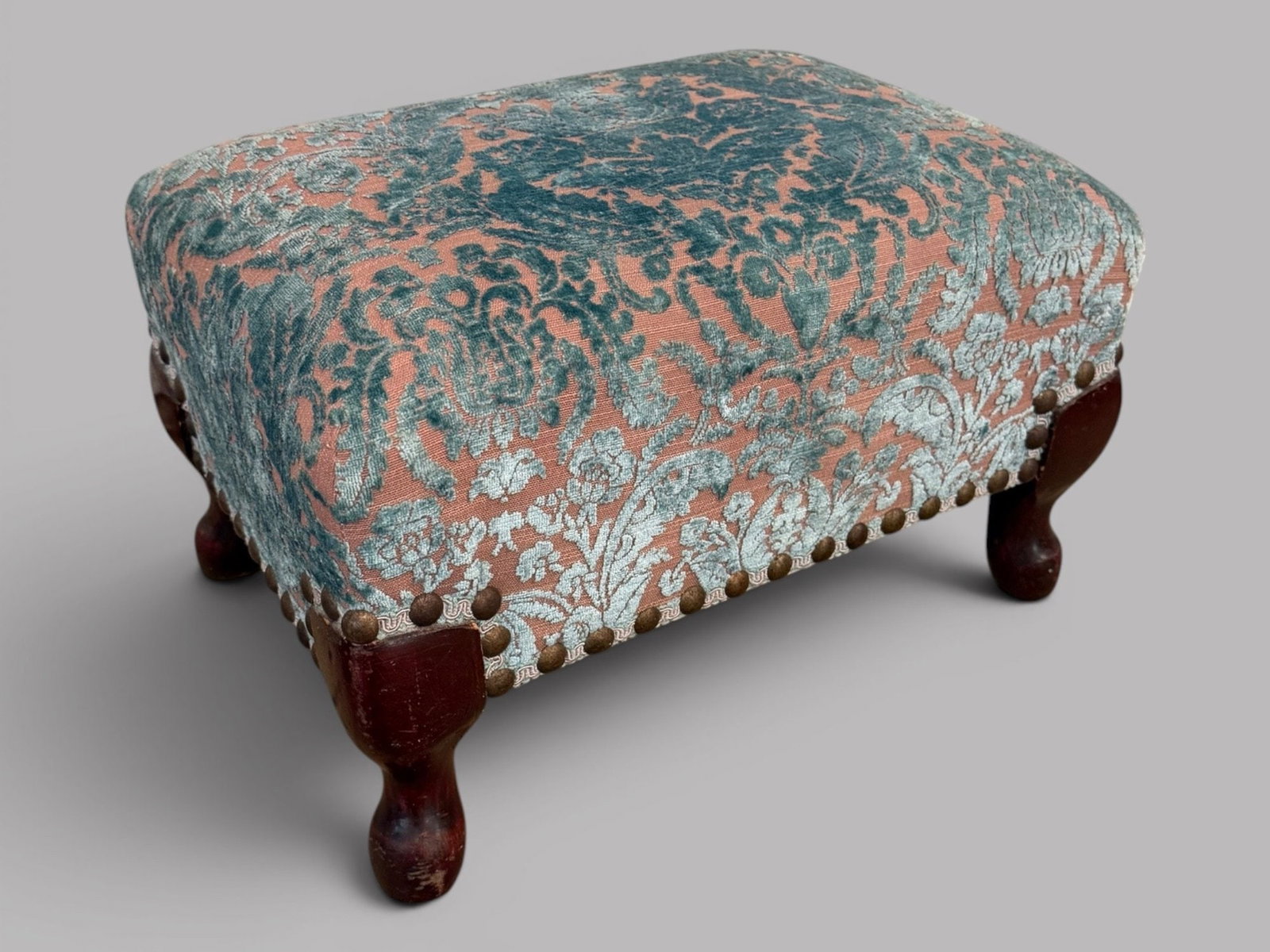 Foot Stool With Cut Velvet Upholstery And Nail Head Trim, Modern (1 of 2)