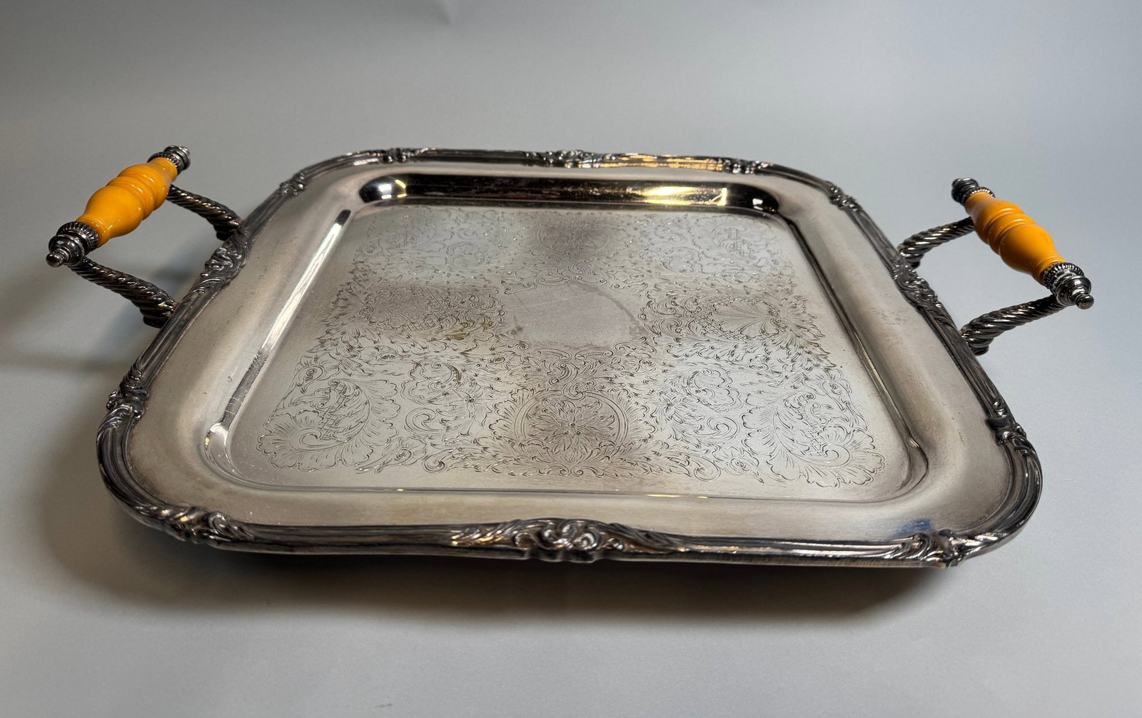 Silver Plated Footed Serving Tray With Turned Wood Handles (1 of 4)