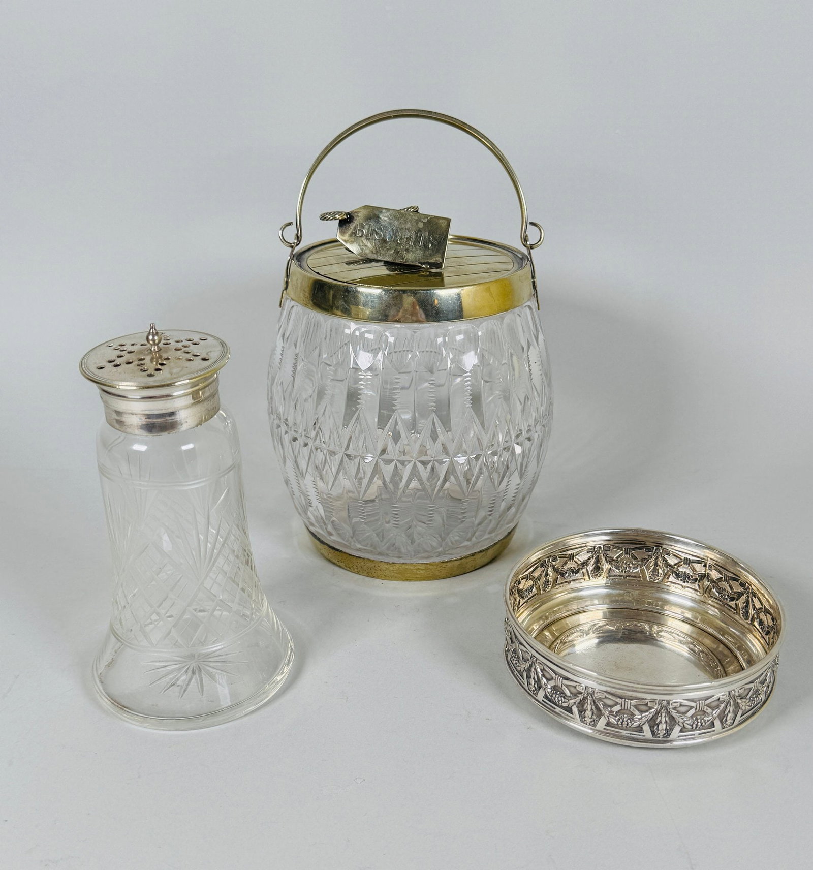 Silver Plated Serving Pieces: A Biscuit Barrel, Wine Coaster, Sugar Caster (3) (1 of 9)