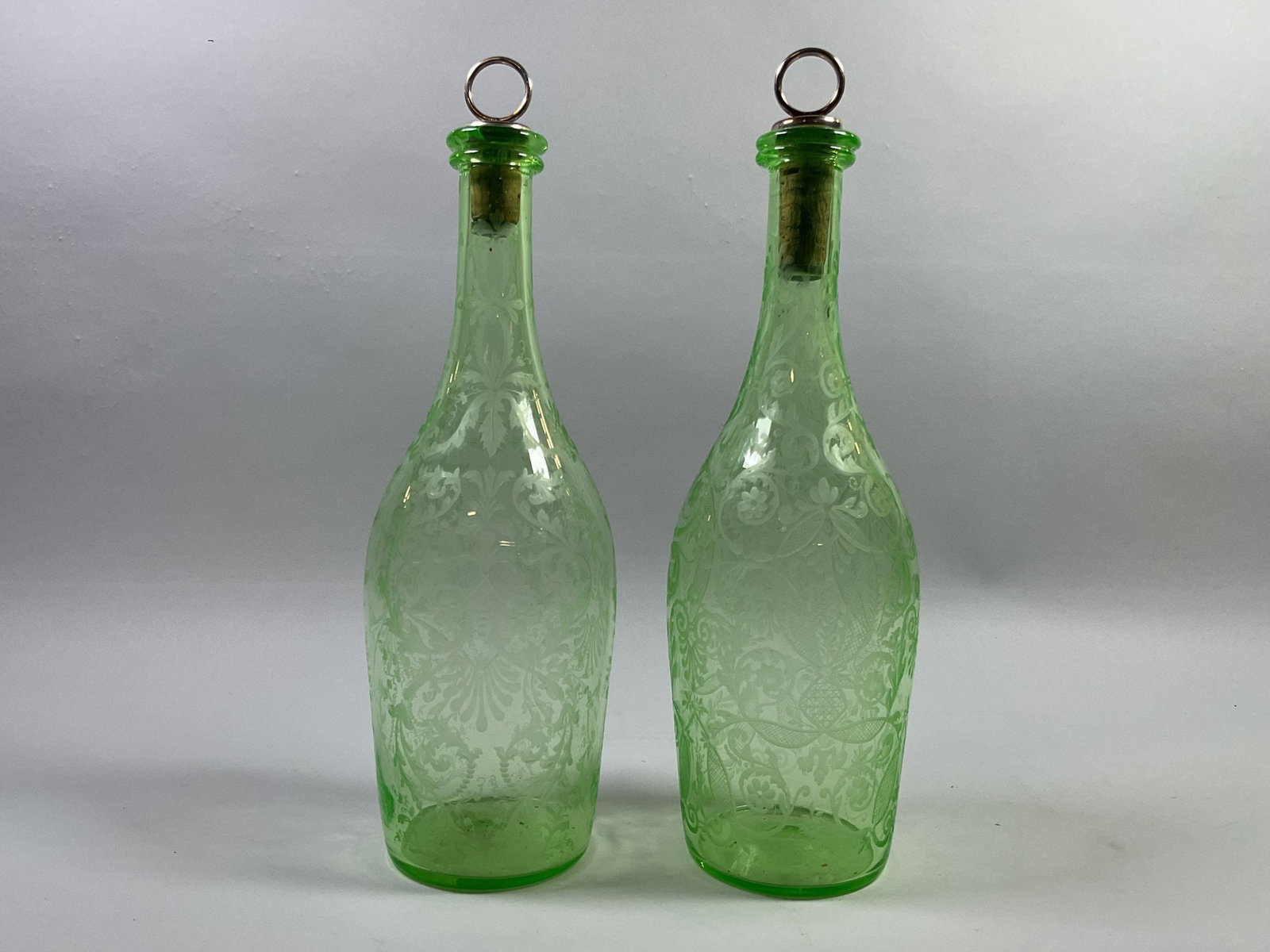 Pair Of Continental Etched Green Glass Decanters, C. 1890 (2) (1 of 3)