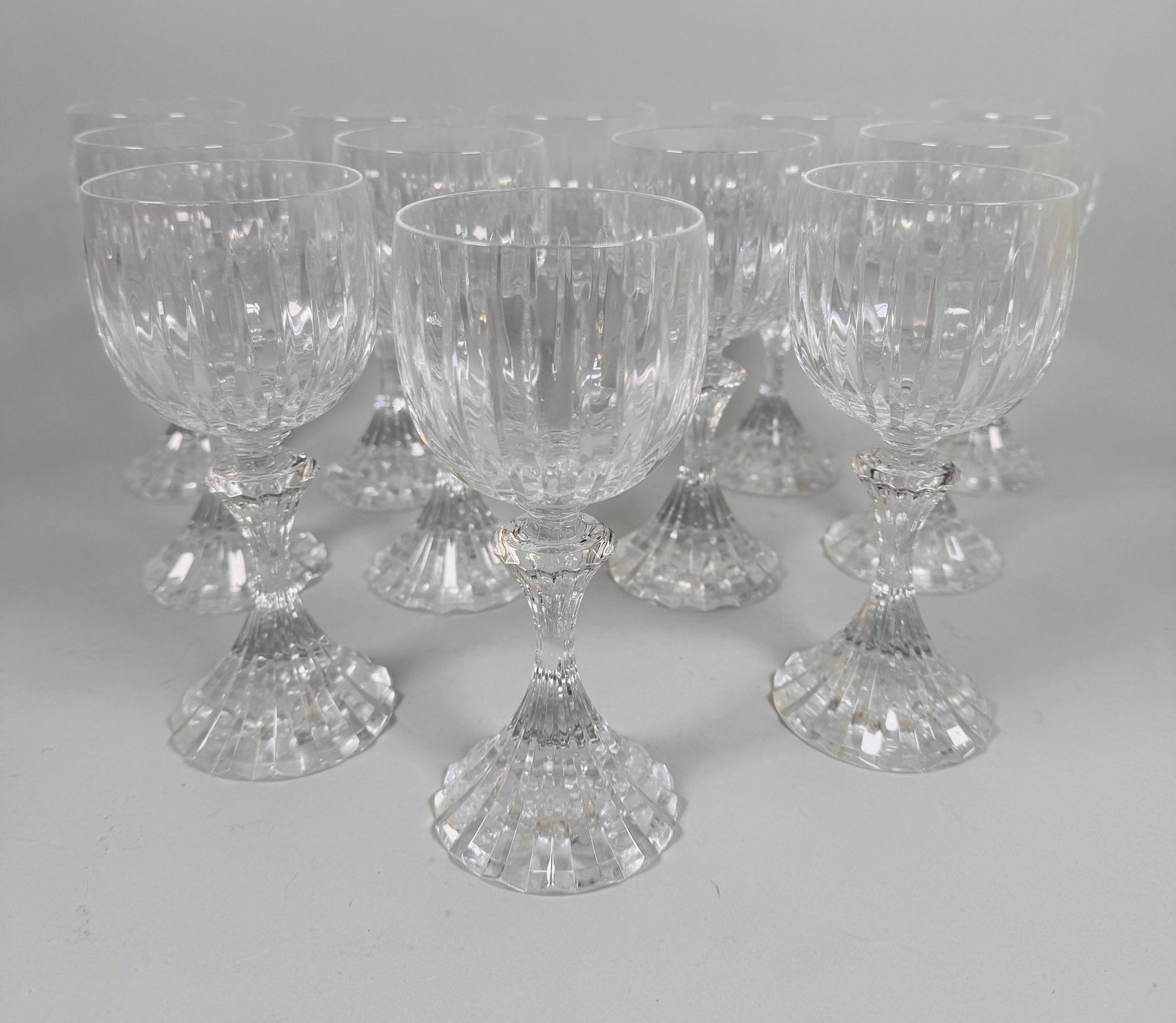 Set Of Cristal Saint Louie Fontainebleau Clear Water Goblets (12): h: 7 1/4 inches marked under foot in excellent condition free of chips and scratches
