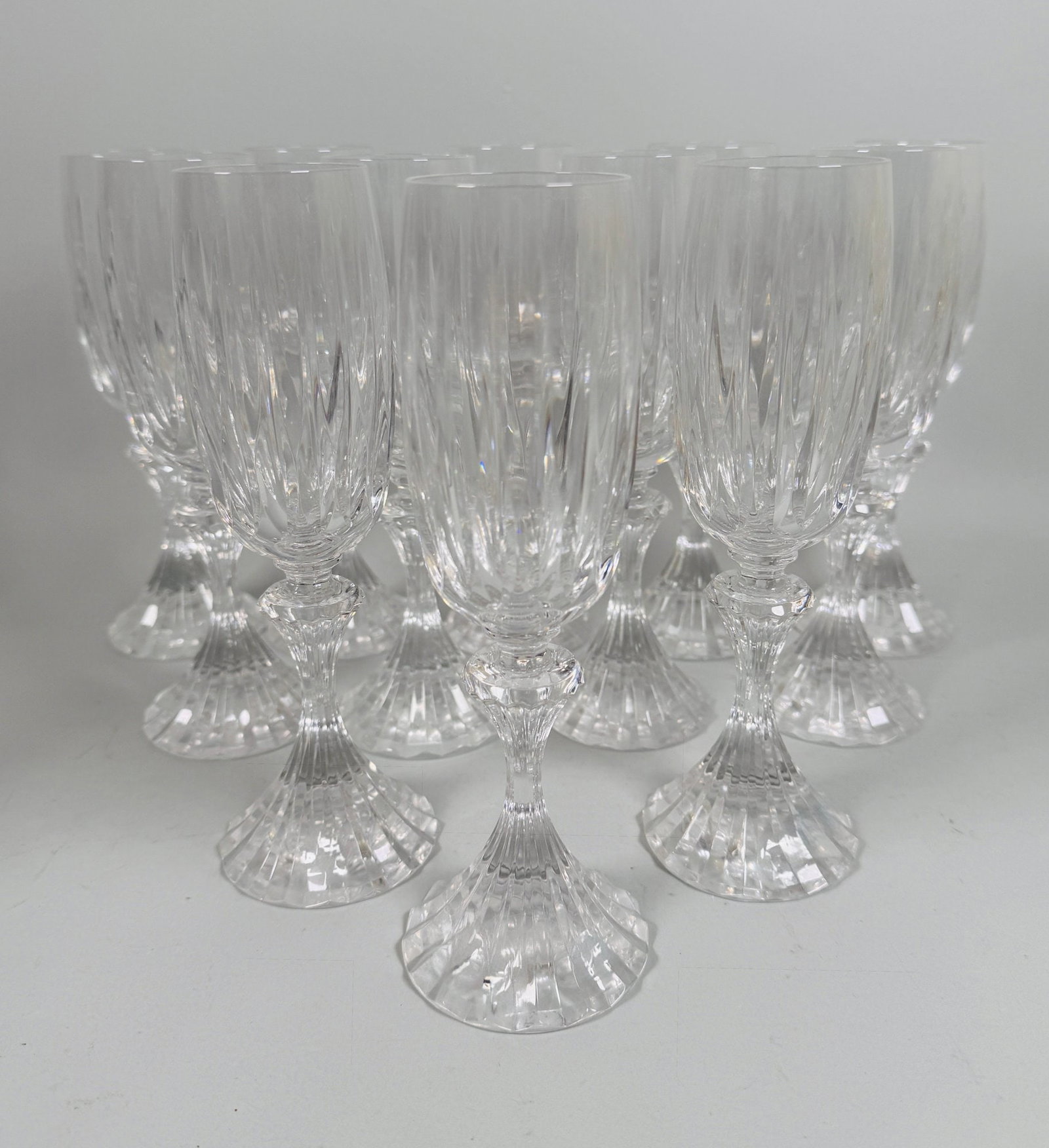 Set Of Cristal Saint Louis Fontainebleau Champagne Flutes (12): h: 8 inches marked under foot in excellent condition free of chips and scratches