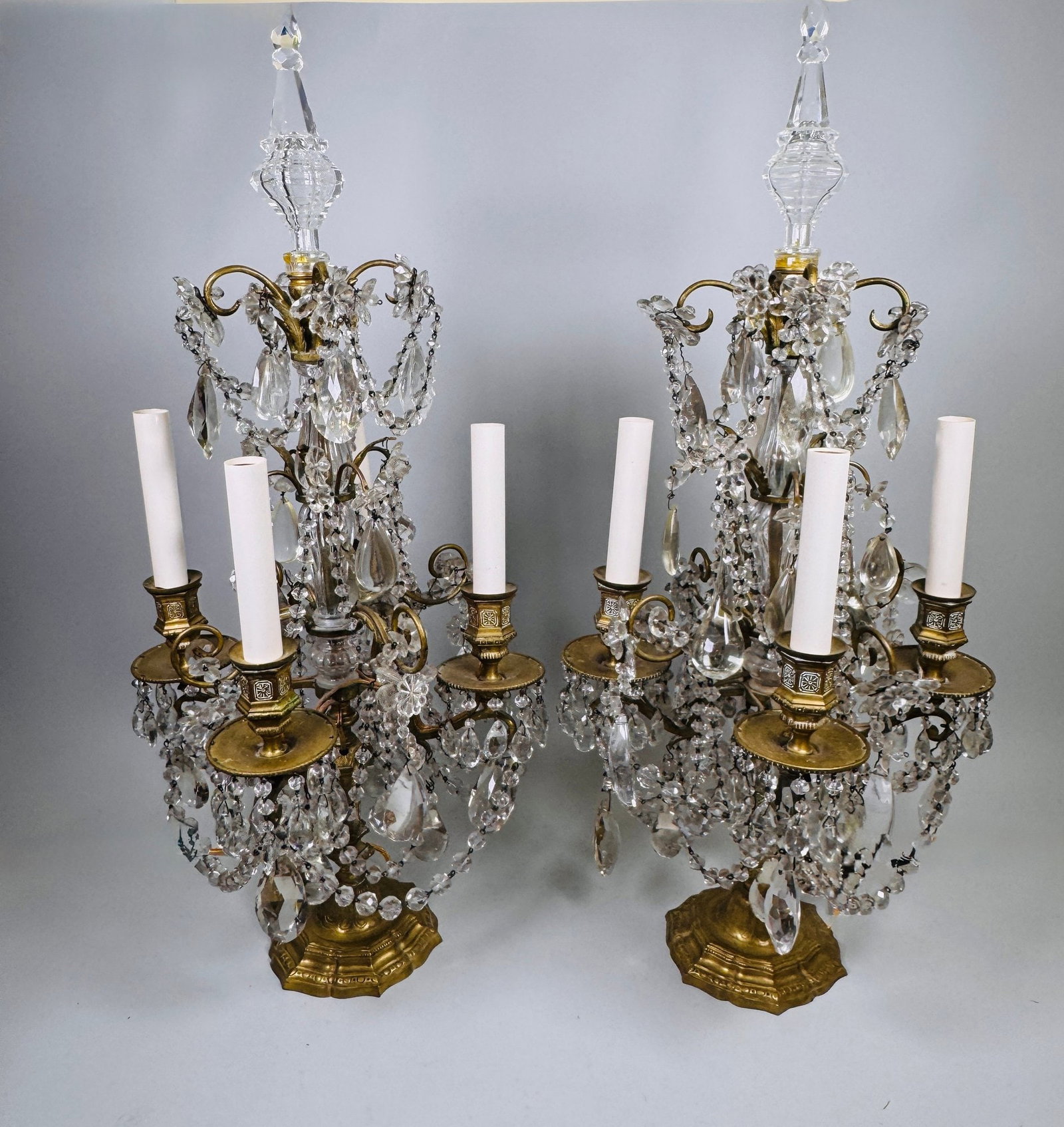 Pair Of Crystal And Ormolu Neoclassical Style Four Light Candelabra Lamps, C. Early 20th Century (1 of 6)
