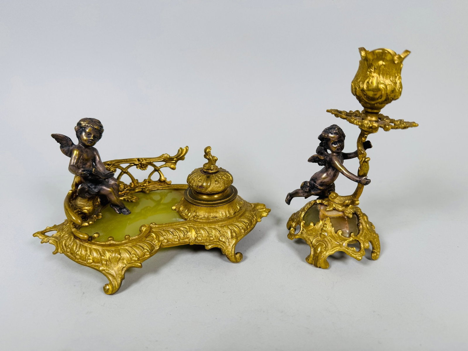 French Rococo Revival Ormolu And Onyx Inkwell And Candlestick, C. Late 19th Century (1 of 5)
