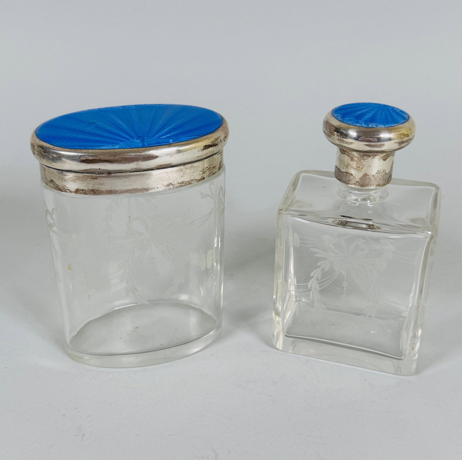 George V Sterling Silver And Guilloche Enamel Mounted Cut Glass Vanity Bottle And Box (2), 1929 (1 of 7)