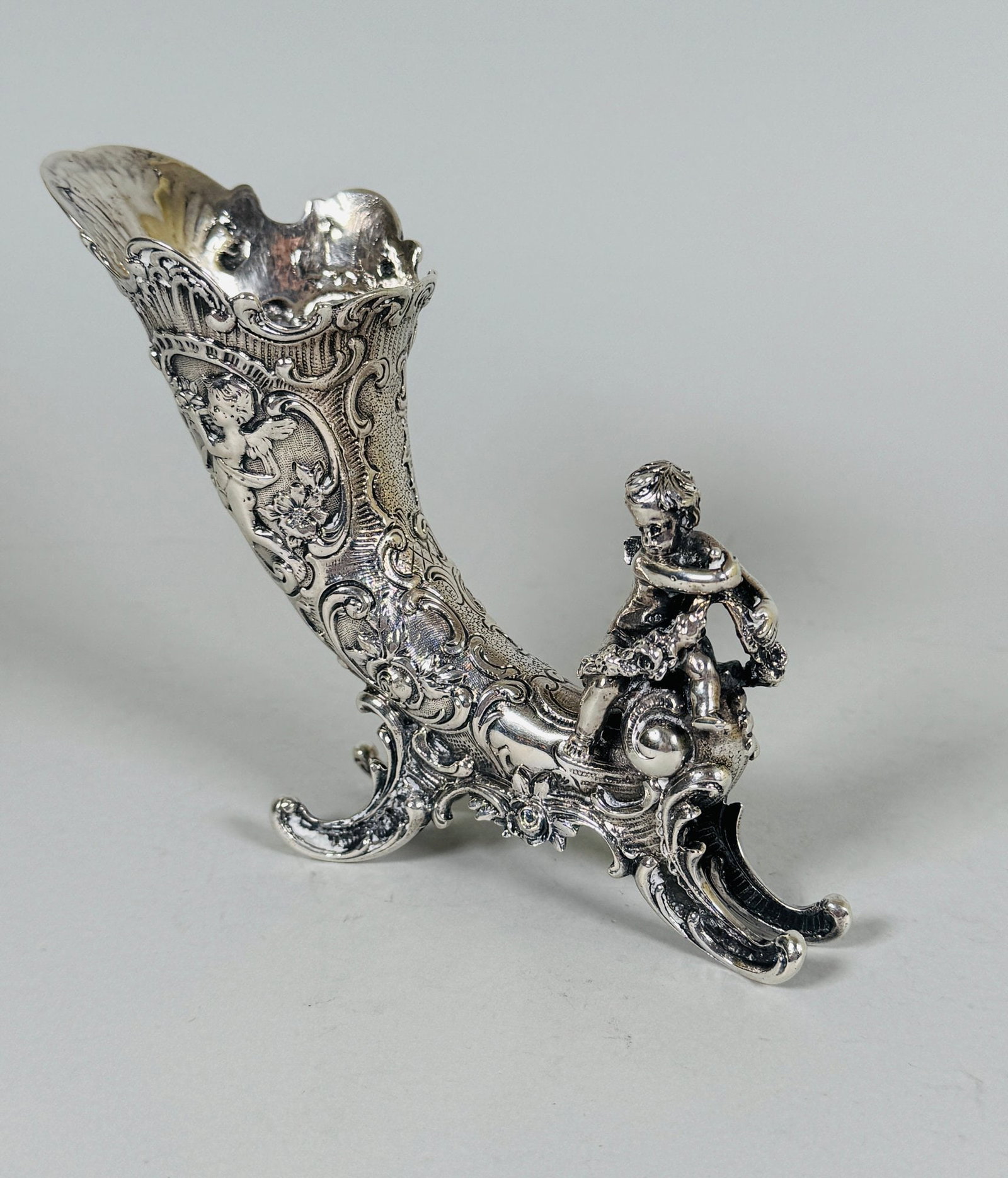German 800 Silver Rococo Revival Cornucopia Vase, C. 1900 (1 of 5)