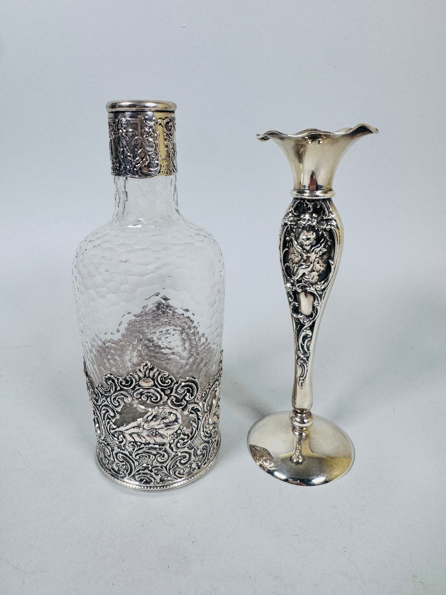 Continental 800 Silver Candlestick And Mounted Glass Decanter With Putti Motifs (2) (1 of 6)