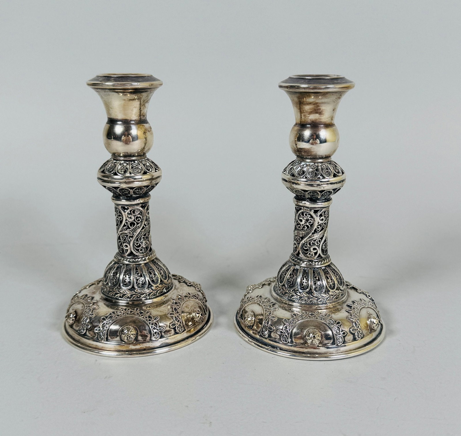 Pair Of Continental/Israeli Sterling Silver Filigree Candlesticks, C. Late 19th- Early 20th Century (1 of 4)