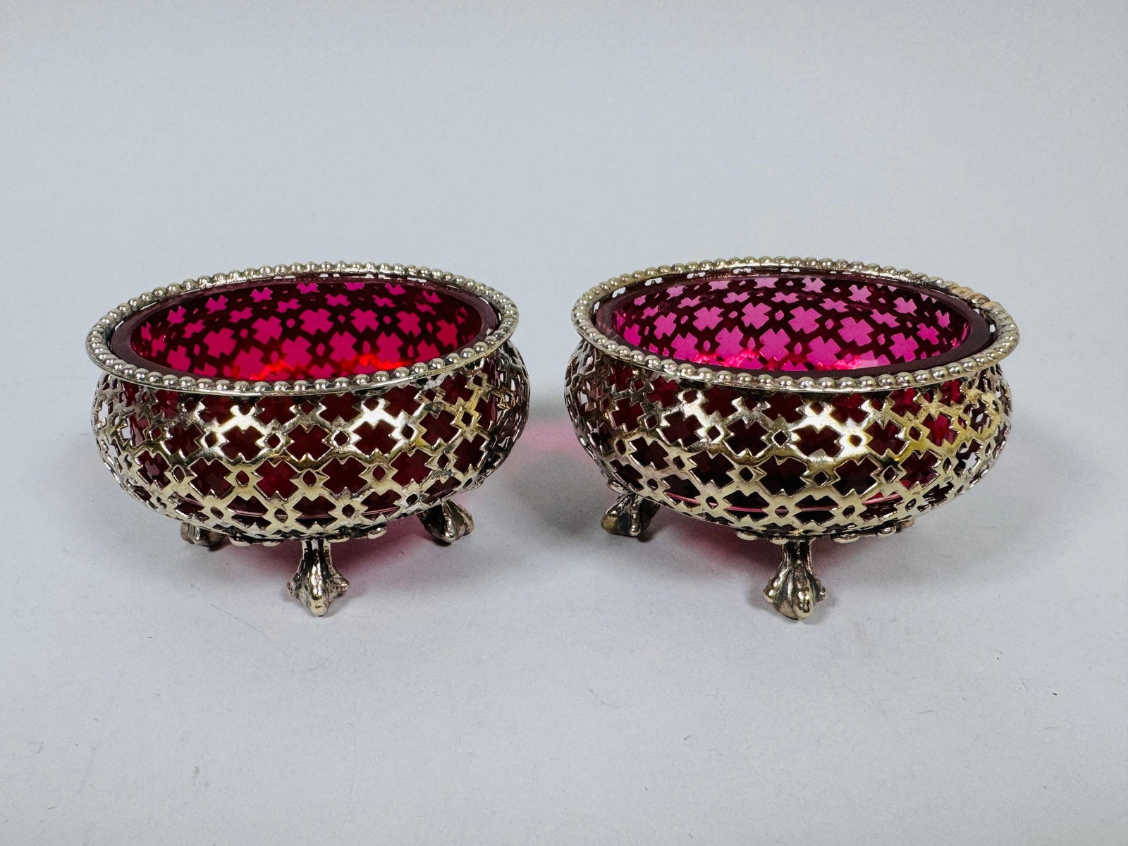 Pair Of Pierced Silver Mounted Cranberry Glass Condiment Pots (1 of 5)