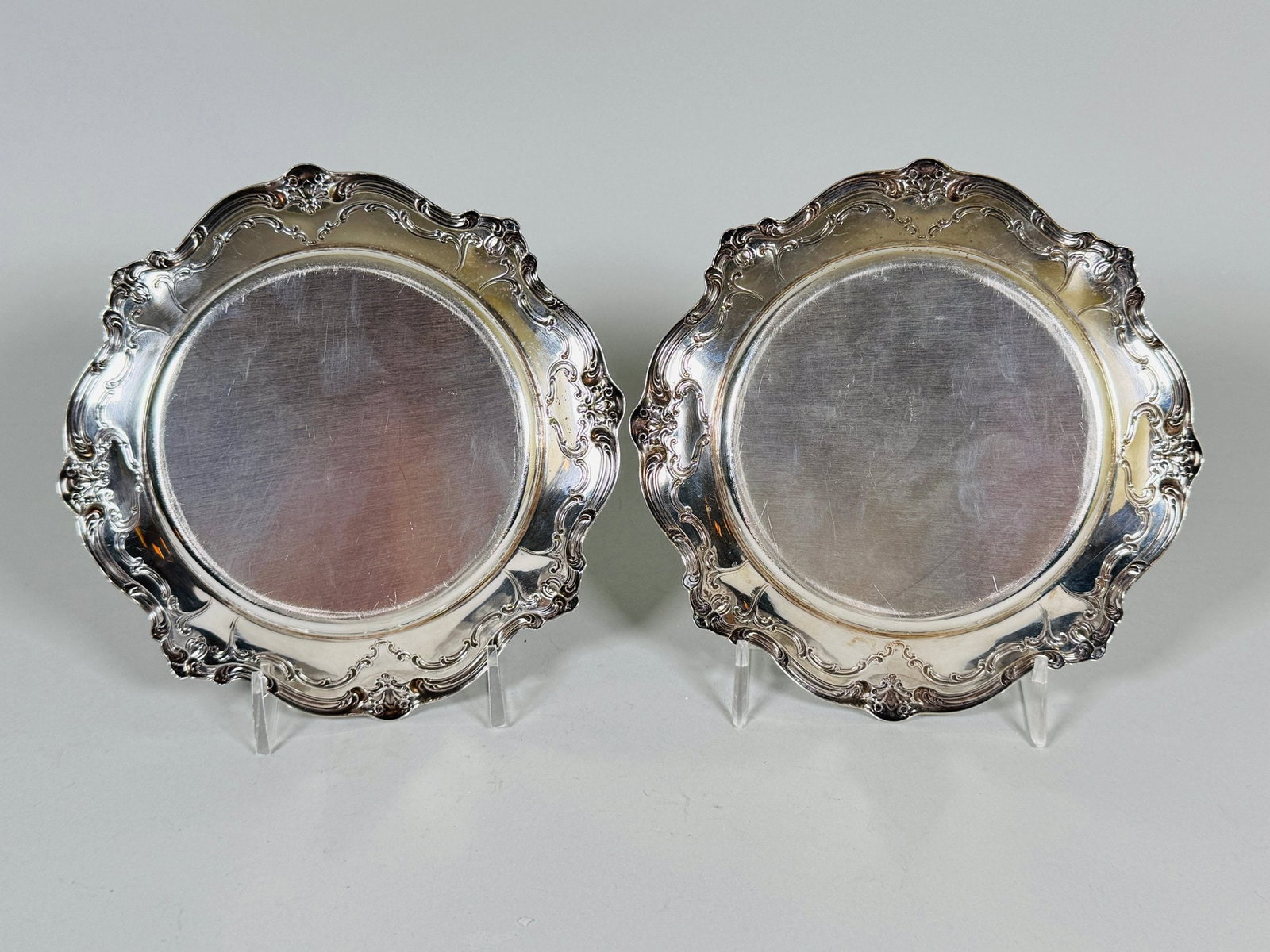 Pair Of Early Gorham Chantilly Sterling Silver Bread Plates (2), C. 1895-1950: Stamped Gorham/Lion/Anchor/G under rim dia: 6 inches OZT: 6.04CONDITION: light surface scratches