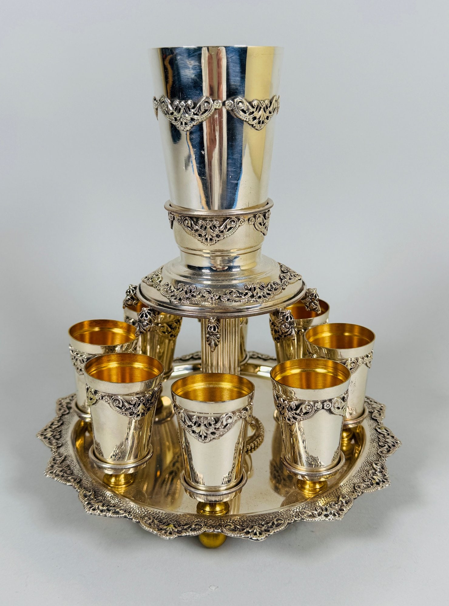 Sterling Silver 8 Cup Kiddush Wine Fountain Set, Israel, C. 20th Century (1 of 9)