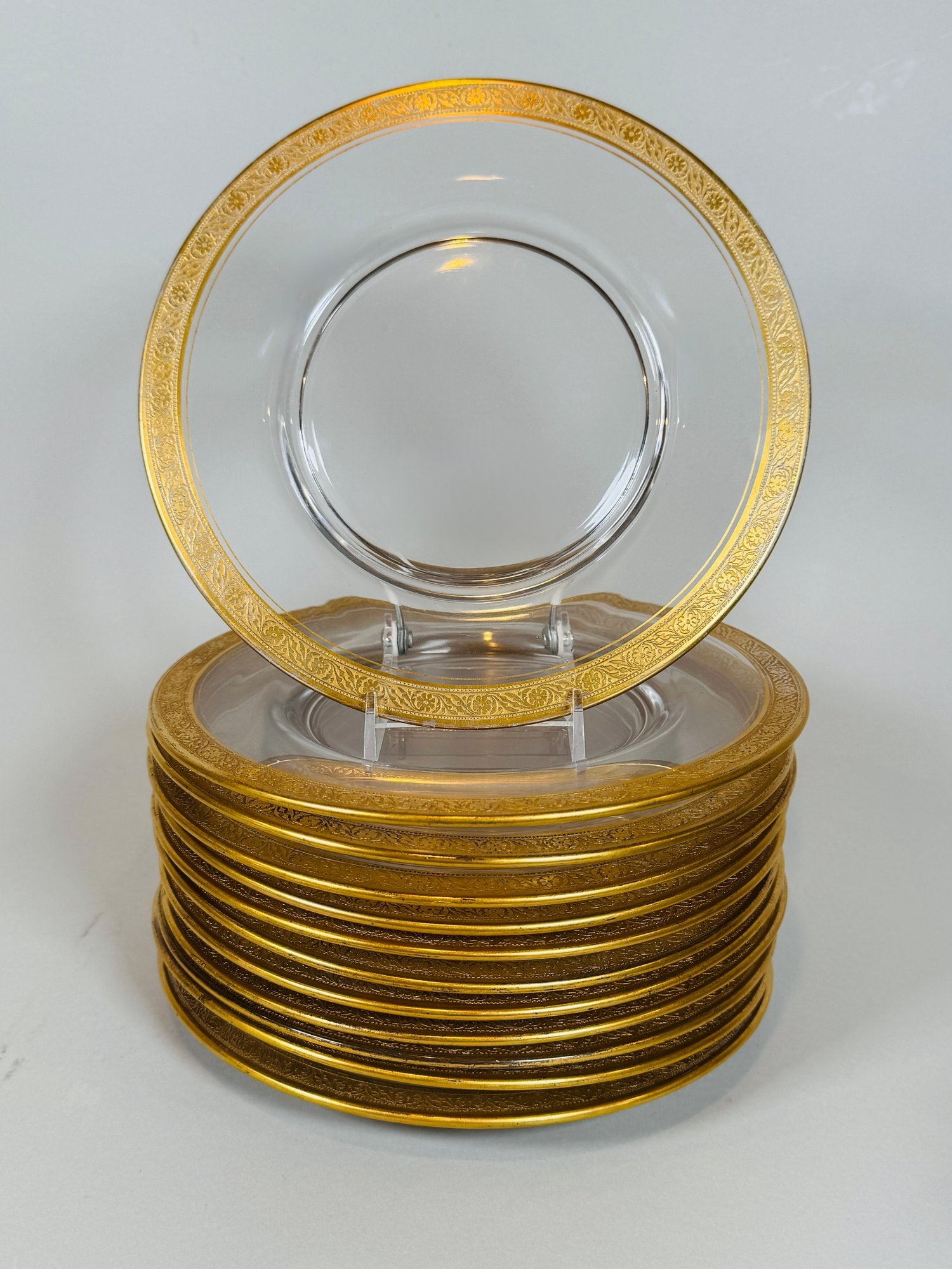 Set Of 12 Tiffin Gold Rimmed Glass Plates, C. 1930 (1 of 4)